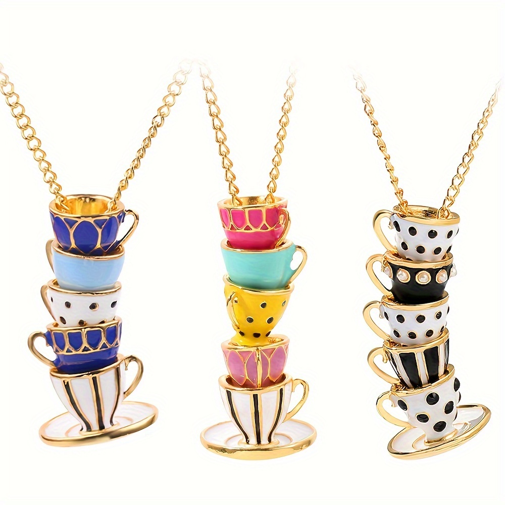 

Elegant Stacked Teacup Pendant Necklace Set - 1/3pcs Food & Beverage Theme Charms, Non-plated Alloy, Various Occasions, Ideal For Christmas & Daily Wear