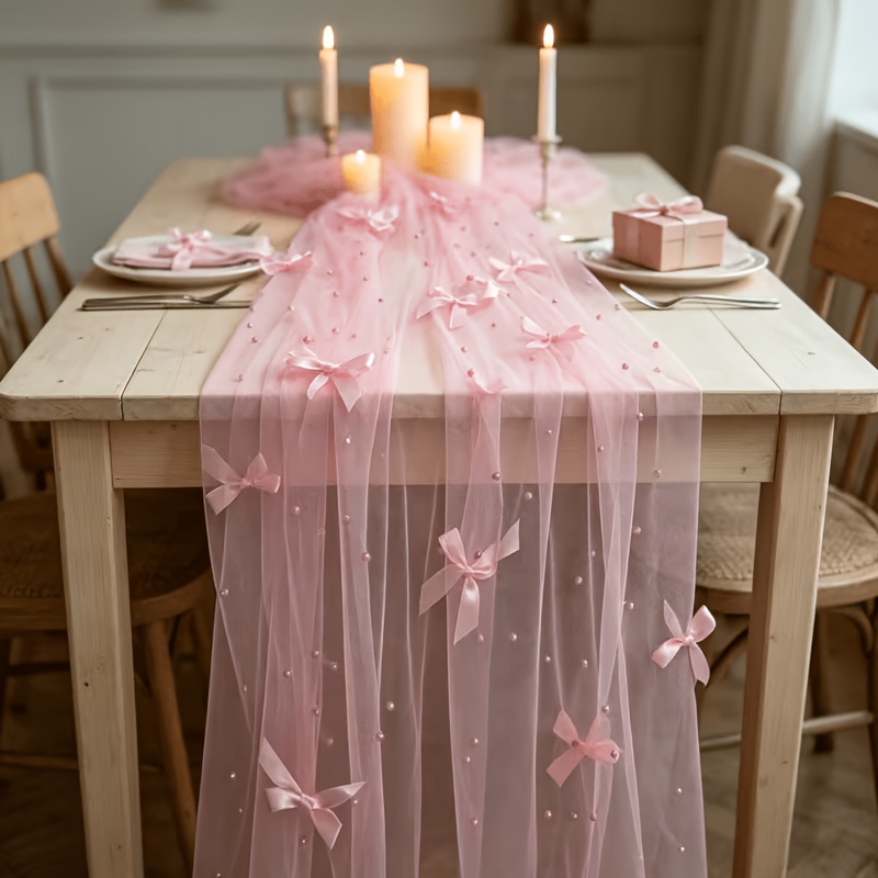 TEMU 1pc Pink Pearl Bow Net Table Runner, Net Surface With Exquisite Pearls And Matching Bows, Suitable For Wedding Long Tables, Home Decor, Parties,