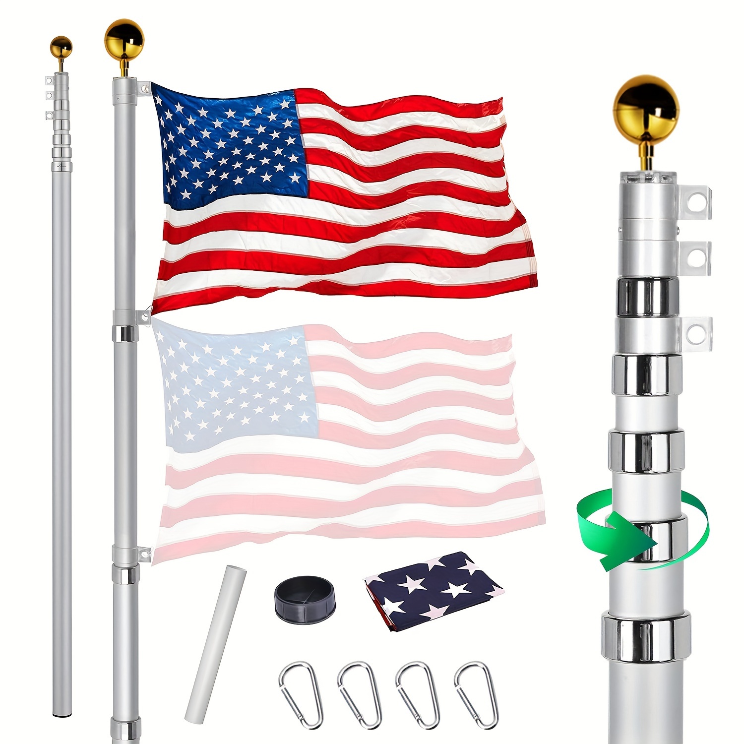 

20ft, 25ft, 30ft Telescoping Flag Pole Kit, Heavy Duty In Ground Telescopic Flag Poles With 3x5 American Flag, Outdoor Flagpole Kits For Outside, Yard, Residential Or Commercial