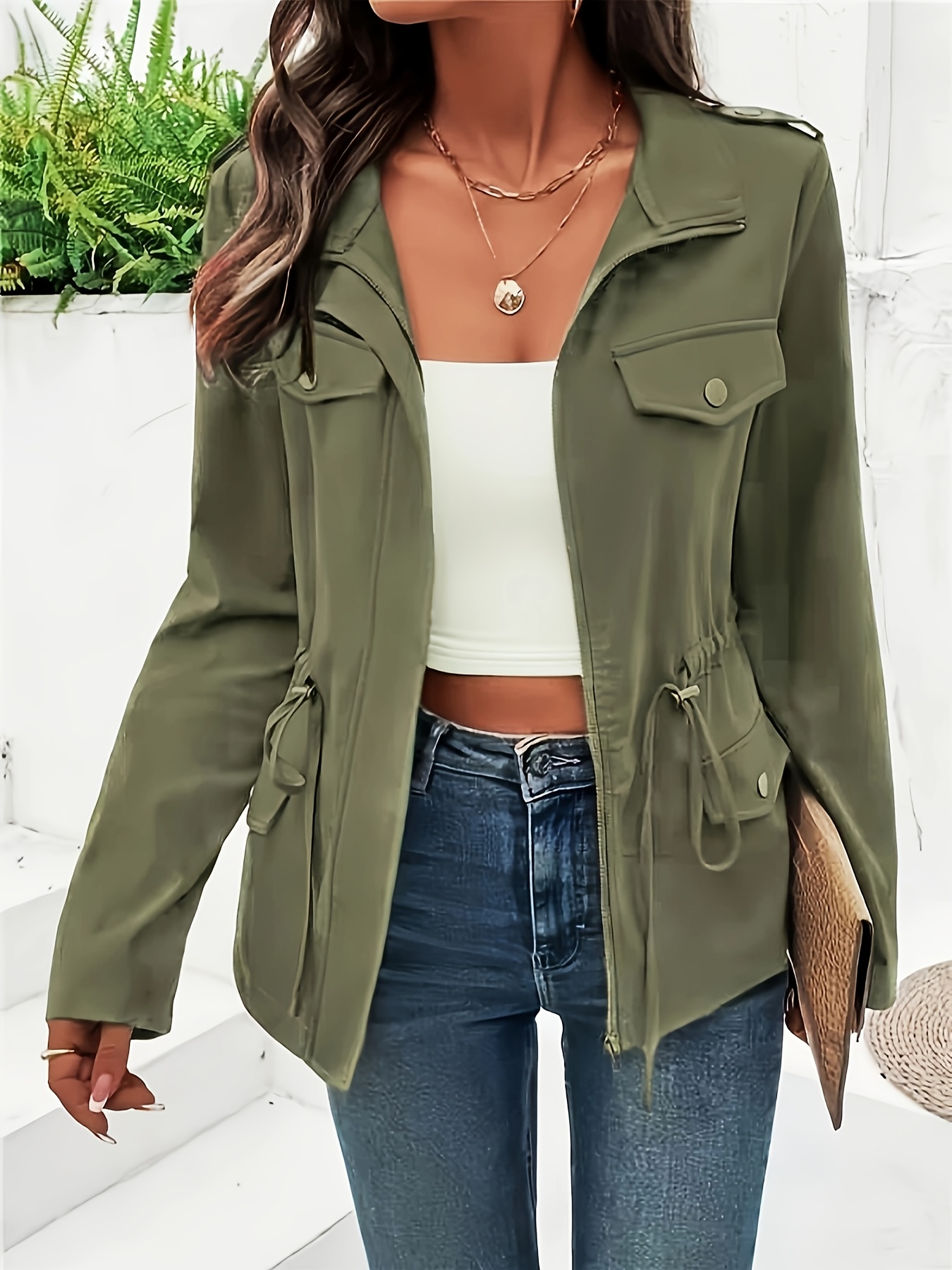 Giacca militare da donna casual antivento con vita con cordoncino,  chiusura sul e maniche lunghe, abbigliamento p
