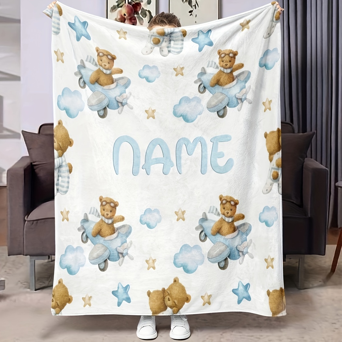 

Personalized Flannel Blanket - Cute Bear Airplane Series, Custom Name, Soft And Warm, Ideal For Gifts, Picnic, Office, Living Room, Sofa, Nap, Air Conditioning Blanket