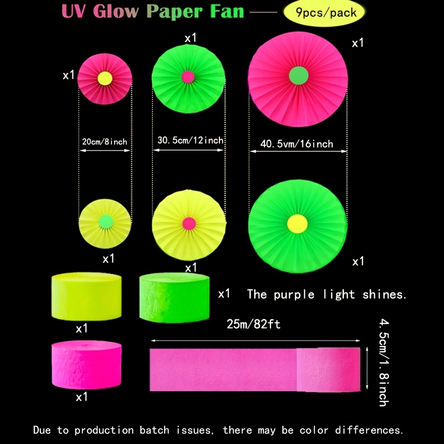 Image of 8pcs Neon Party Supplies Set, 6pcs Of Uv Neon Hanging Paper Fans And 3pcs Of Neon Light-up Roll Paper Photobooth Props&backdrop For Valentine,carnival,ramadan,easter,wedding,st Patrick