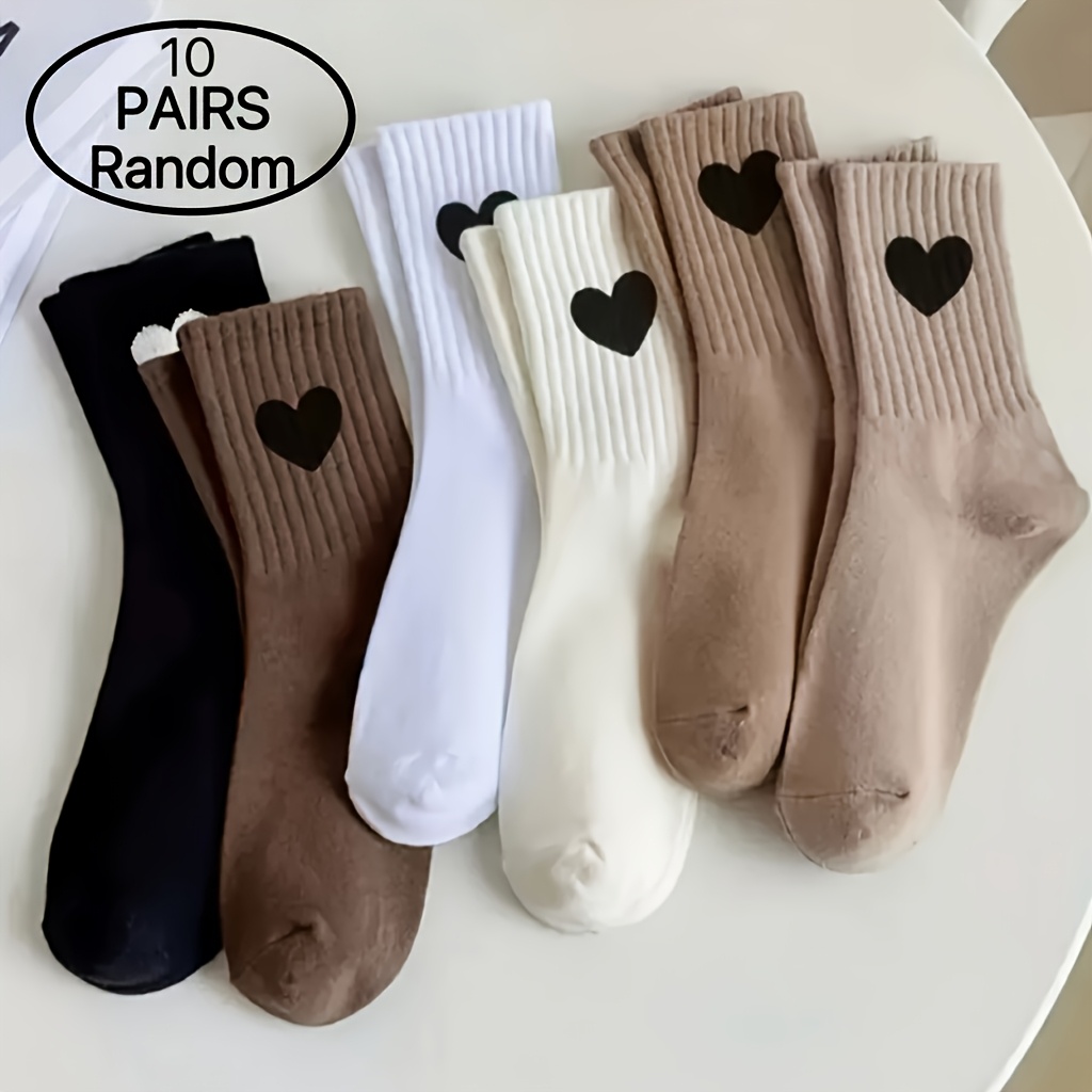TEMU 10 Pairs Pack Heart Print Suitable For & Casual Attire - -season Tube Socks With Assorted Colors, Machine Washable, Random Styles For &, Gym,,