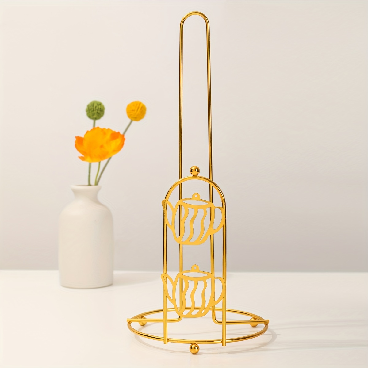

1pc Paper Towel Holder, Golden Freestanding Iron Paper Towel Holder, Household Punch-free Roll Paper Stand, For Kitchen And Bathroom, Home Organizers And Storage, Home Accessories