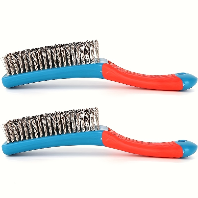 1 heavy duty wire brush with ergonomic blue and   great for removing rust slag dirt and paint deep cleaning plastic handle