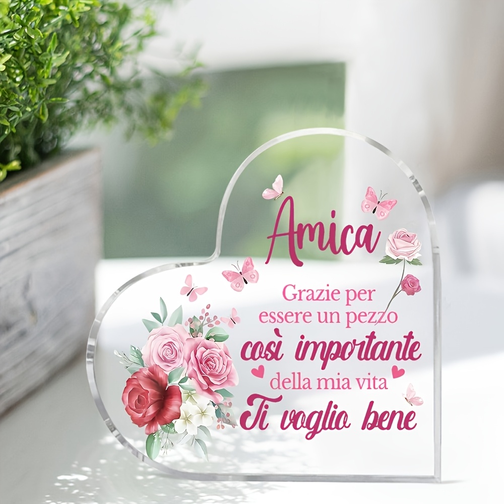 TEMU 2d Flat, Italian Amica Heart-shaped Acrylic Friendship Ornament - Pink Floral And Plaque With "thank You For Being Such An Important " Message,