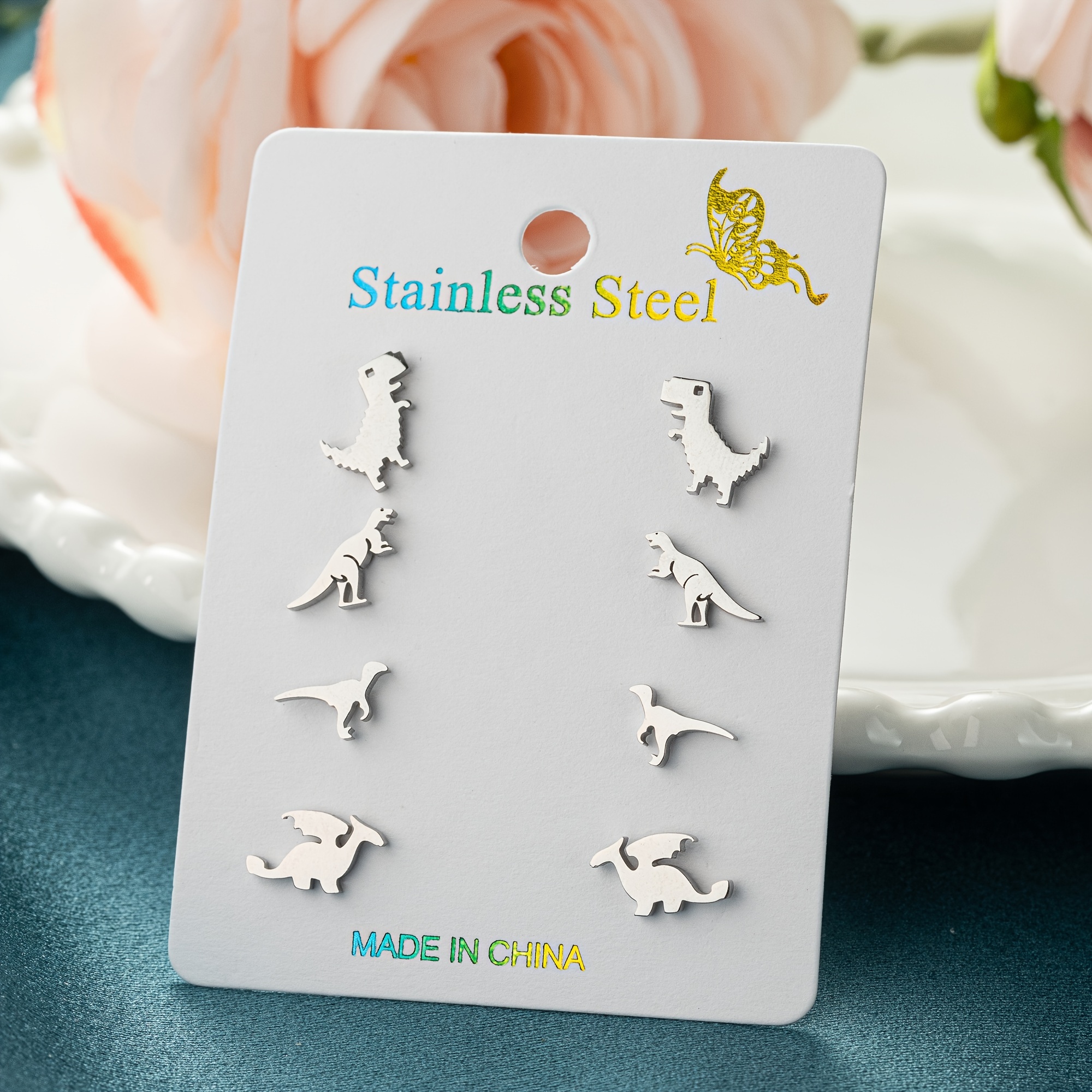 1 Card/set Of Stylish Stainless Steel Animal Dinosaur Earrings For Men Women Jewelry Party Wedding Gift