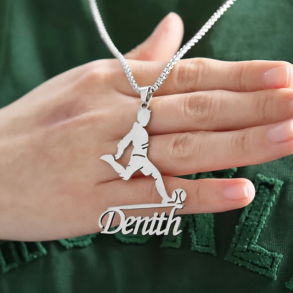 TEMU Custom Bead Chain Name Necklace, Stainless Steel Soccer Name Necklace, Personalized Sports Tag With Detachable Pendant, Soccer Fan Necklace, A