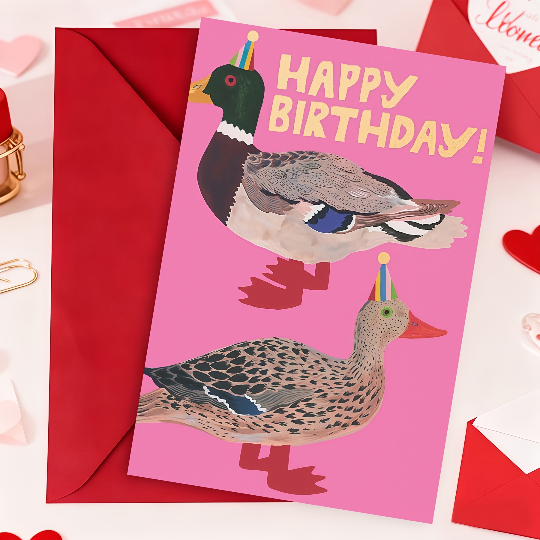 Birthday Card, Watercolor Cute Mallard Ducks With Party Hats Greeting Card, "happy Birthday" Duck Themed Birthday Gift Card With Envelope For Duck Lovers, All-occasion Celebration