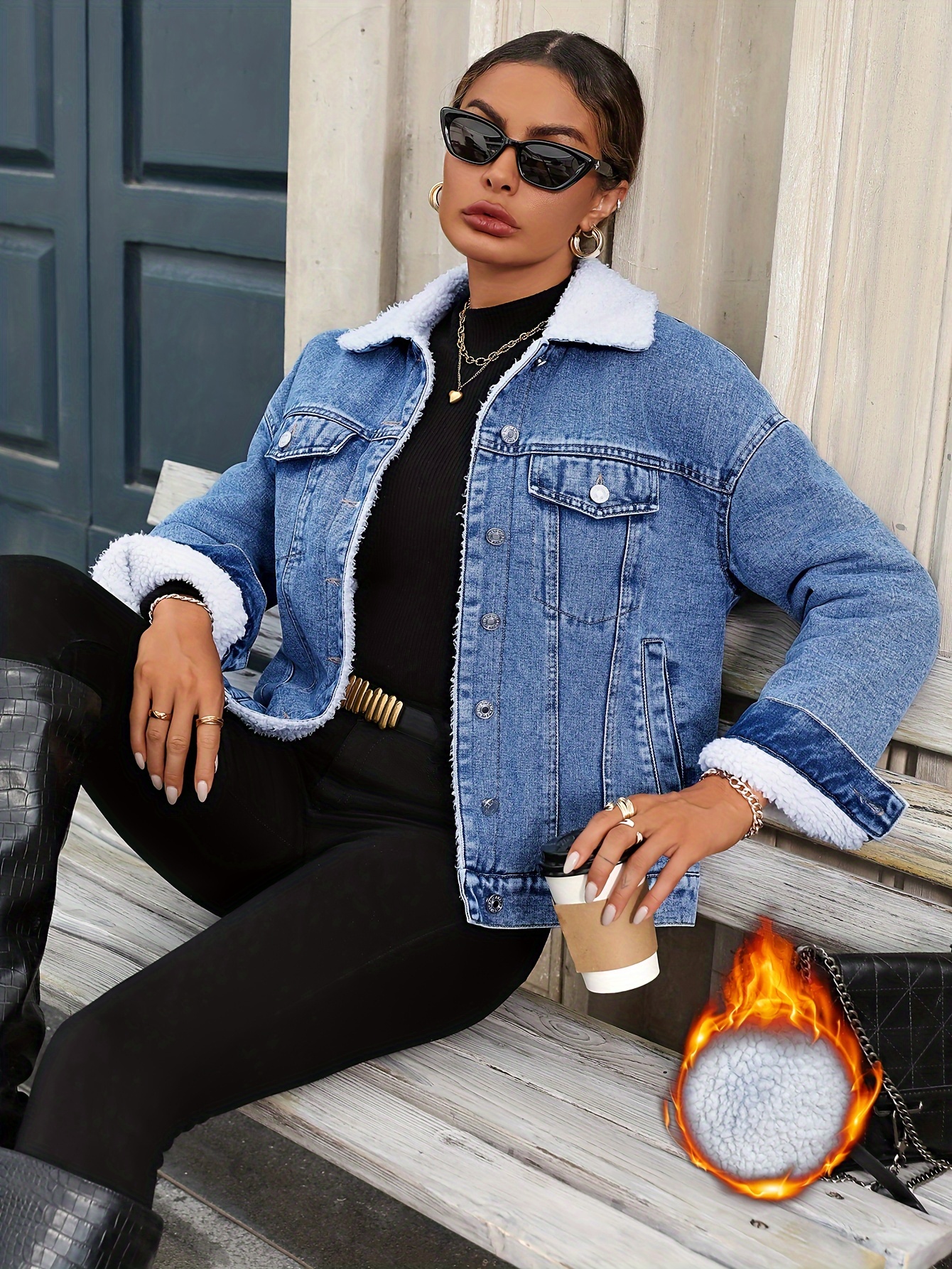 's Plus Size Oversized Winter Jacket Heavy-Duty Denim Collar Collar  Jacket, White Piping Trim, Blue Washed Denim Coat (Machine Washable) for