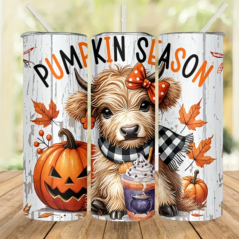 

20oz Highland Cow And Pumpkin Insulated Stainless Steel Tumbler | Double-wall Vacuum-sealed | Spill-proof Lid & Straw | Keeps Beverages Hot/cold For 6 Hours | Design