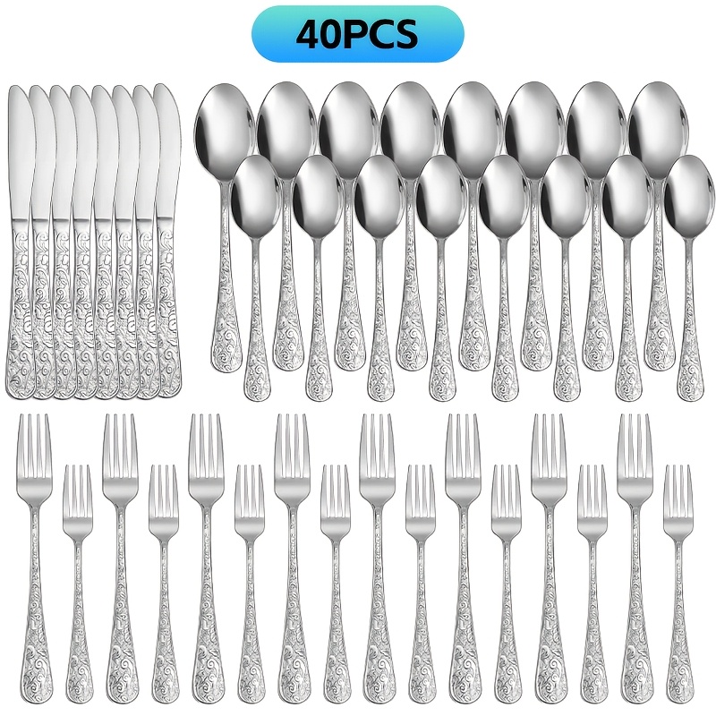 

40pcs Vintage Silverware Set For 8, Stainless Steel Flatware Set With Knife/fork/spoon, Cutlery Set For Home And Kitchen, Utensil Set With Dishwasher Safe.valentines Decorations For Home.