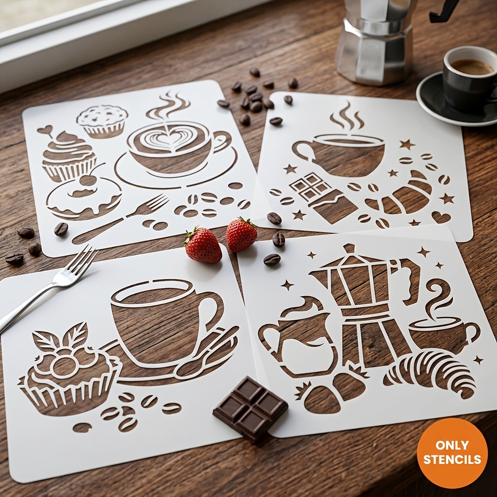 TEMU Juego de 4 plantillas reutilizables con temática de café, patrones vintage de taza y cafetera, hechas de material PET duradero, adecuadas para