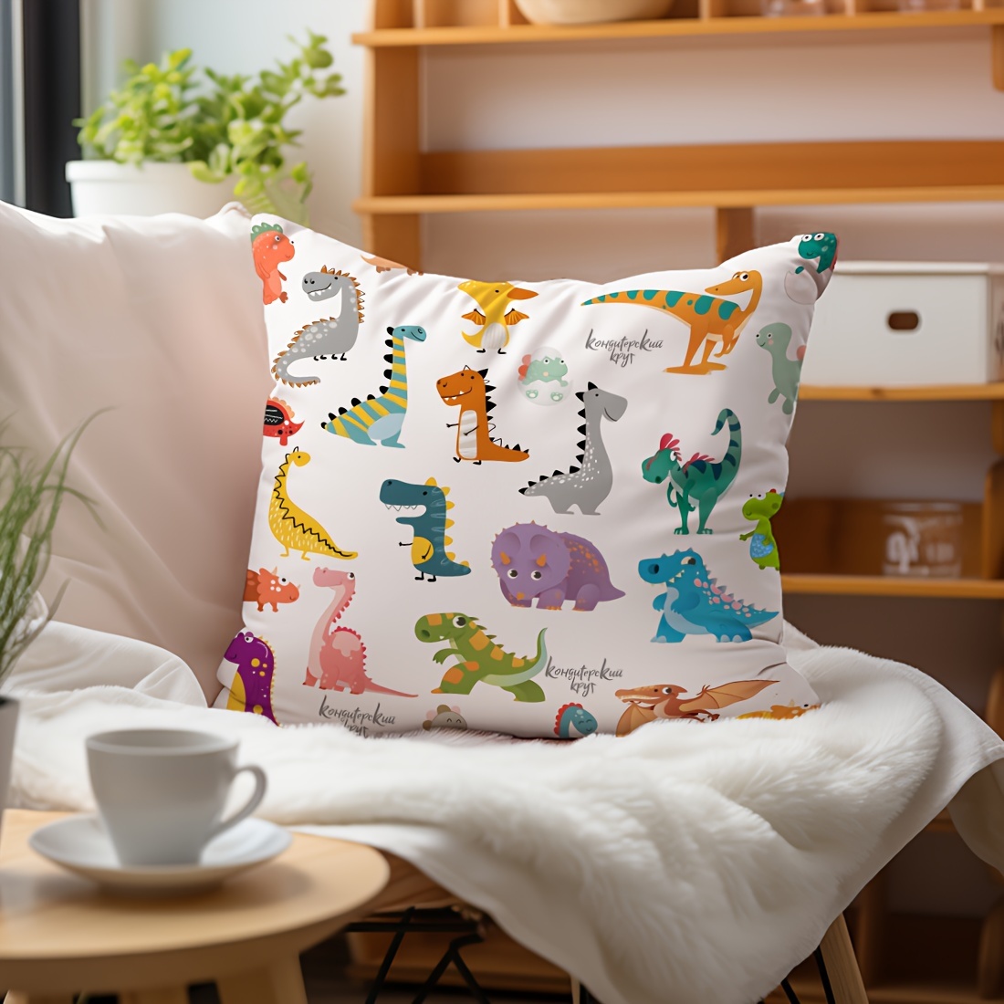 popular   cute dinosaur illustration   velvet pillow cover 45x45cm zippered single sided print   for car living room sofa   washable polyester dinosaur room decor details 9