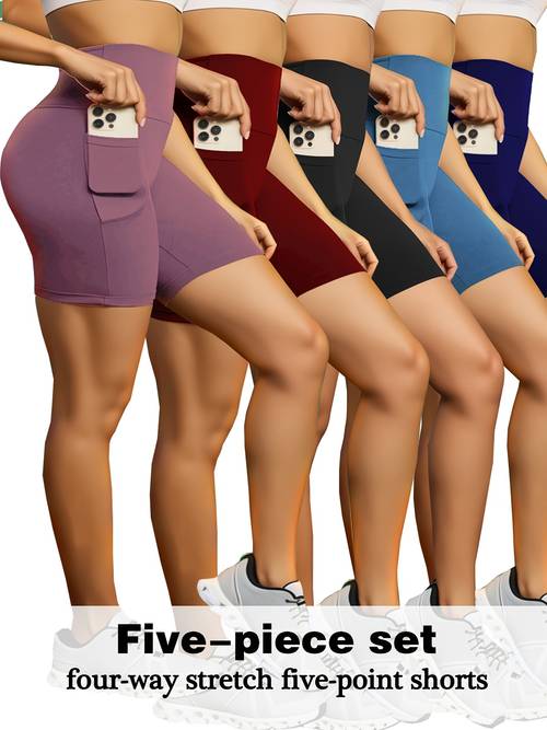 5 pack summer quick drying seamless high waisted compression yoga shorts with pockets for running gym