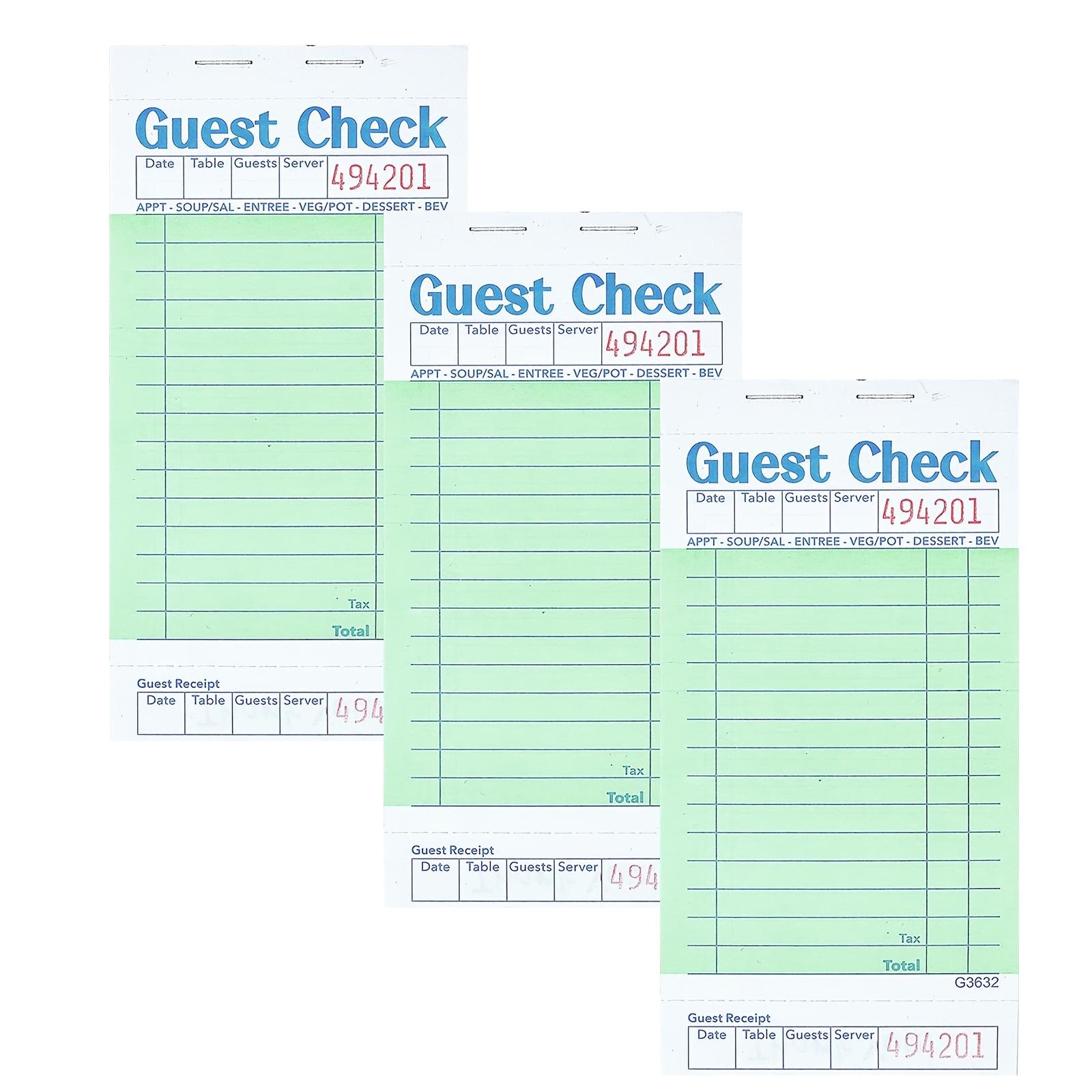 TEMU 3 Pack , Guest With Bottom Receipt, Commercial Notepad, 50 Sheets Per Book Green Guest For Restaurant Waitress Supplies