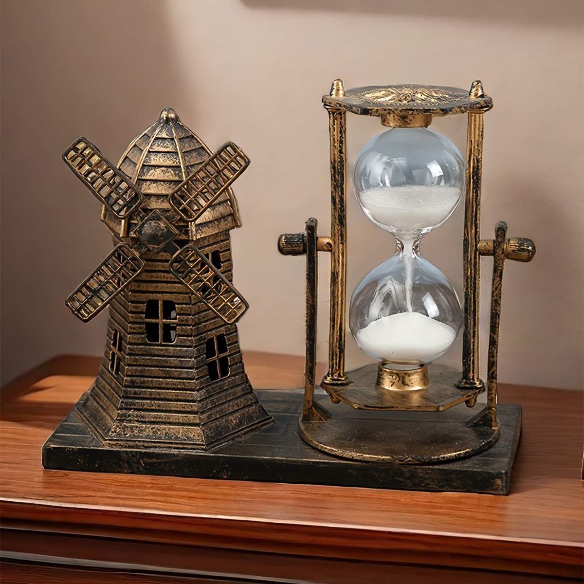 

Horloge de table vintage en bronze avec sablier - Ne nécessite pas d'électricité