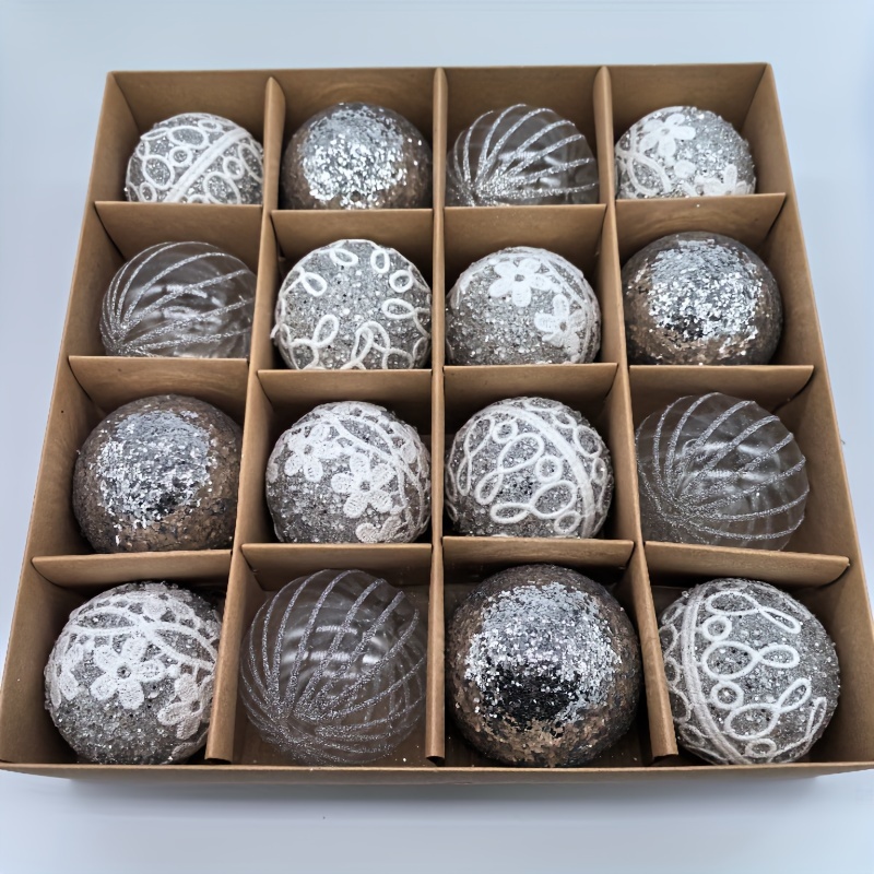 TEMU Boules de Noël Haut de Gamme 16 Boules dans une Boîte 6cm Boules Suspendues de Noël Noël Fête Paillettes Pendentif