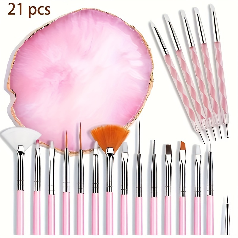 

21pcs Nail Art Brushes With Mixing Palette Set, Dotting Pens, Uv Gel Striper, Floral & Striping Design, Silicone Carving Tools For Acrylic & Gel Manicure