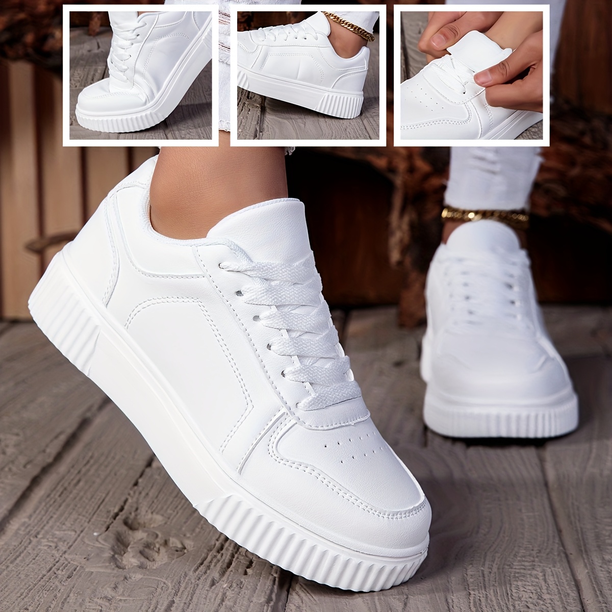 TEMU Fashion Sneakers For Women - Casual Lace-up Low-top Sneakers, Versatile White Sneakers, Everyday With , Durable Walking Shoes For Modern Street