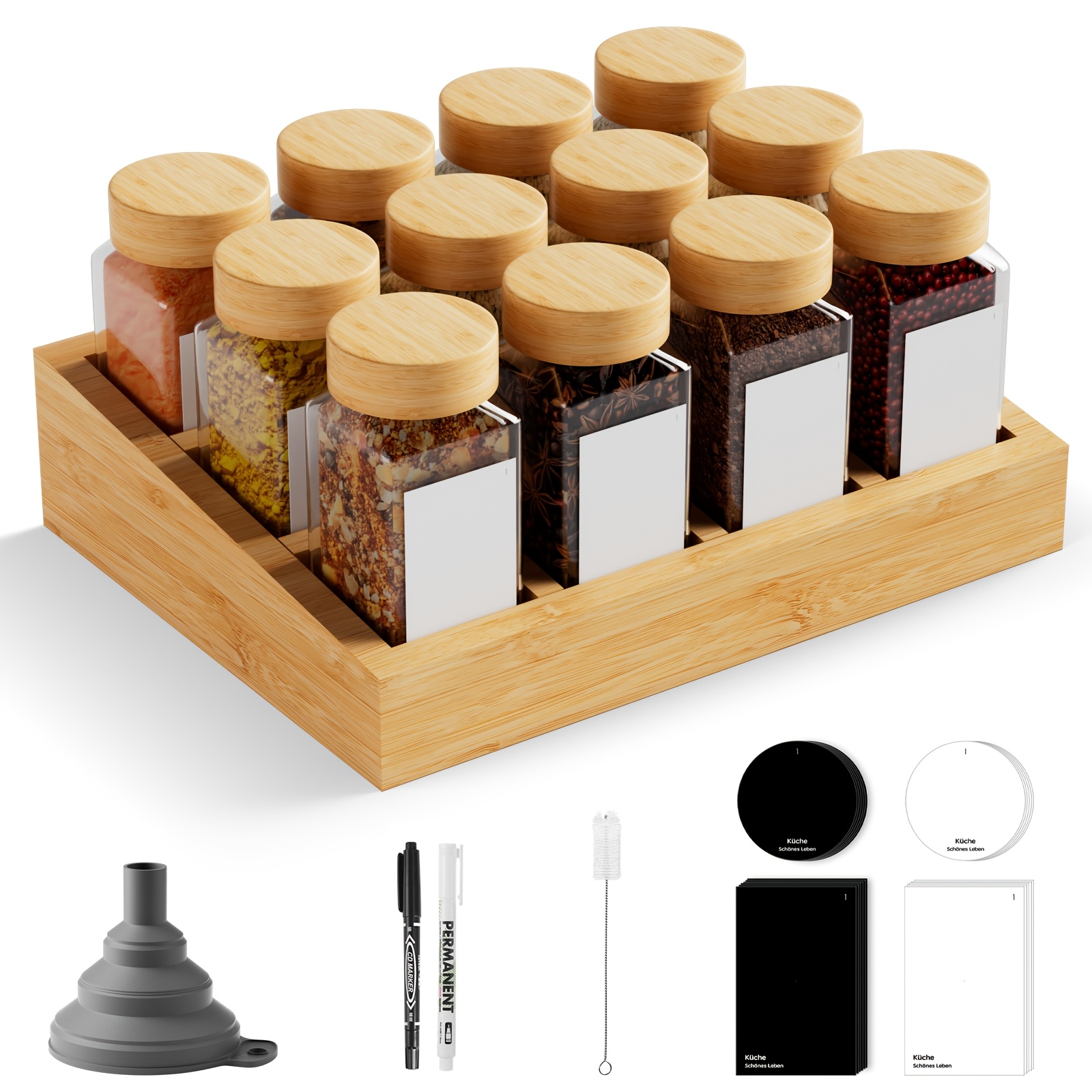 TEMU Ensemble de pots à épices, 12 pièces, carrés, avec couvercles et support à épices, pots à épices en verre de 120 millilitres, , des étiquettes