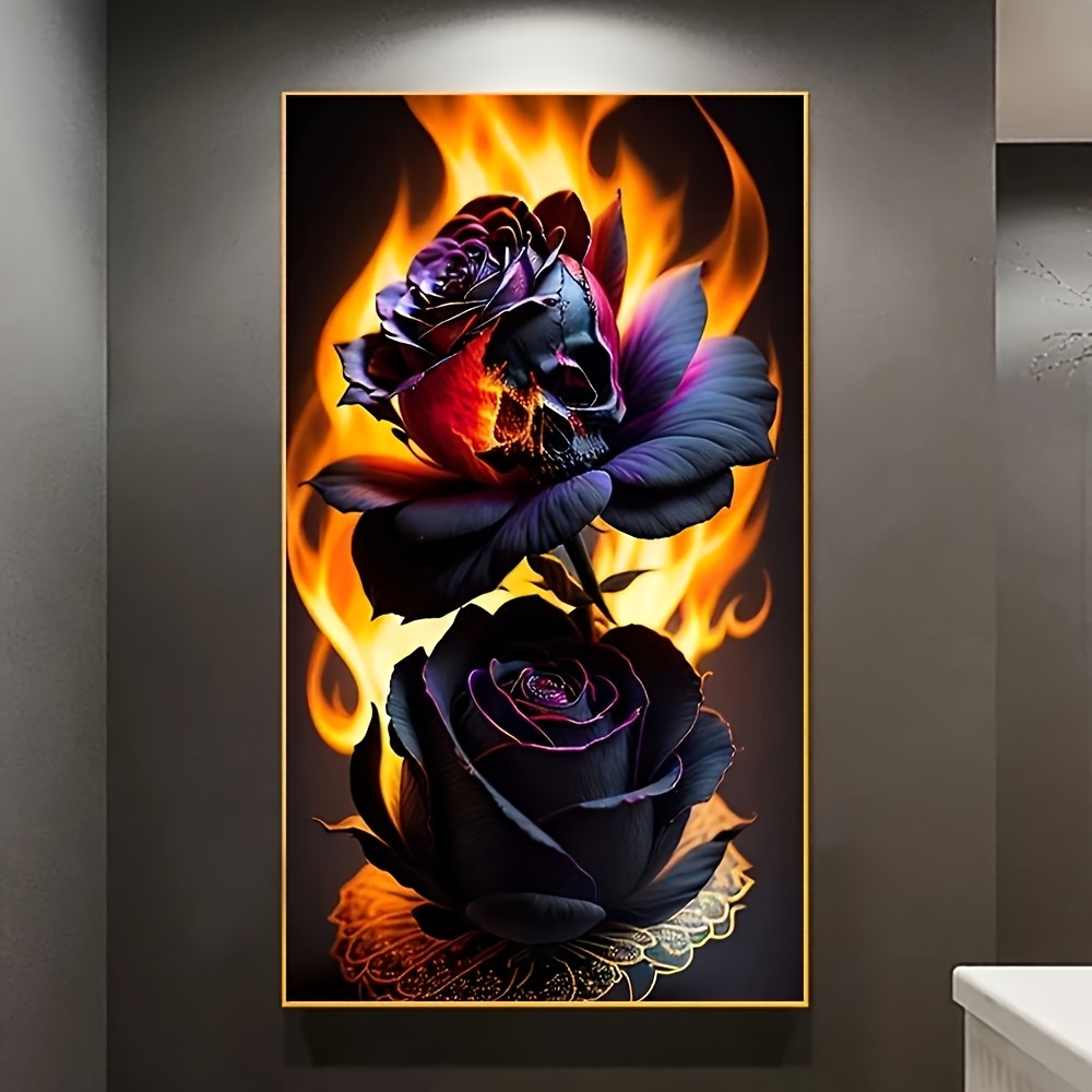 Diy Painting Kit - Black Rose And Flame Theme, Canvas For Beginners, Home Office Wall Decor 15.7x27.5 Inches