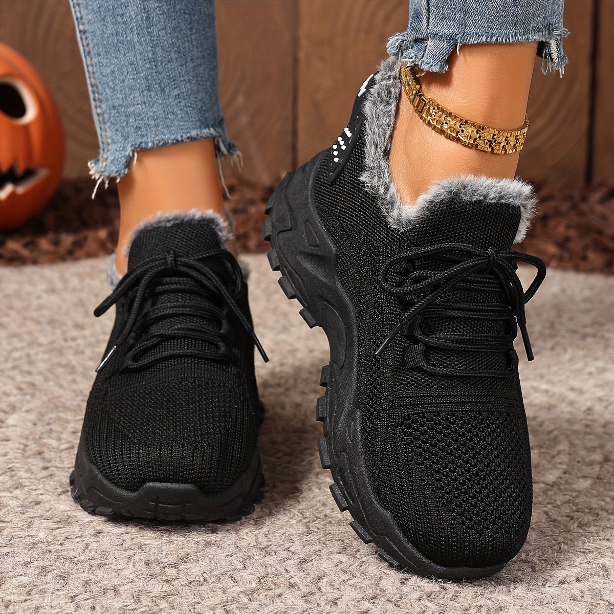 Plus Size Women's Warm Knitted Snow Sneakers for Outdoor Use