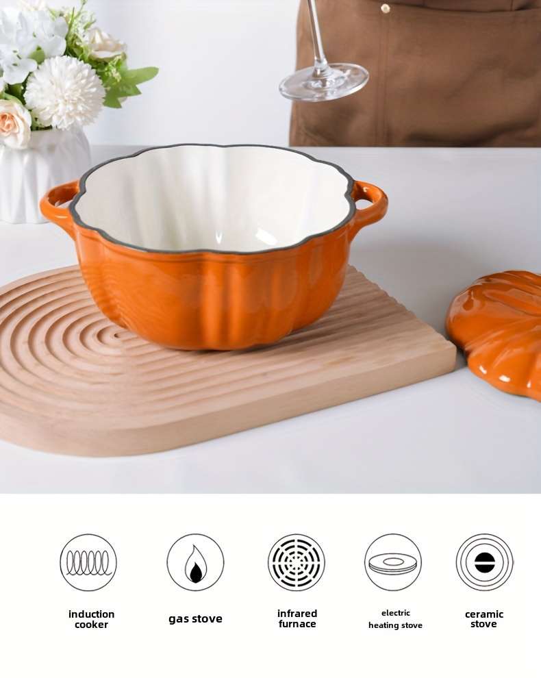 1pc autumn enamel cast iron pumpkin pot multifunctional stew pot soup casserole dutch oven induction cooktop compatible home kitchen cookware details 12