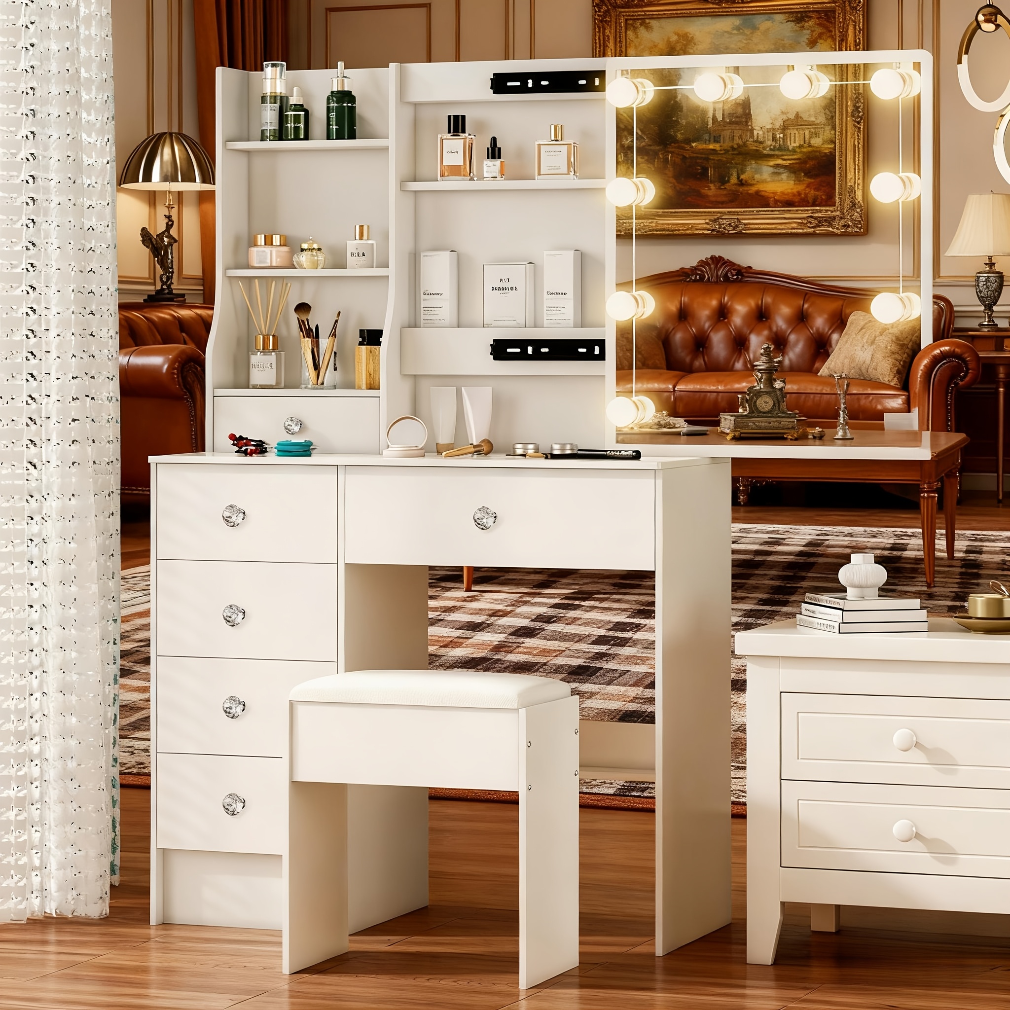 TEMU Contemporary White Solid Wood Dressing Table With Drawers, A Lighted Makeup Mirror That Has 3 Adjustable Brightness Settings, And Of Storage