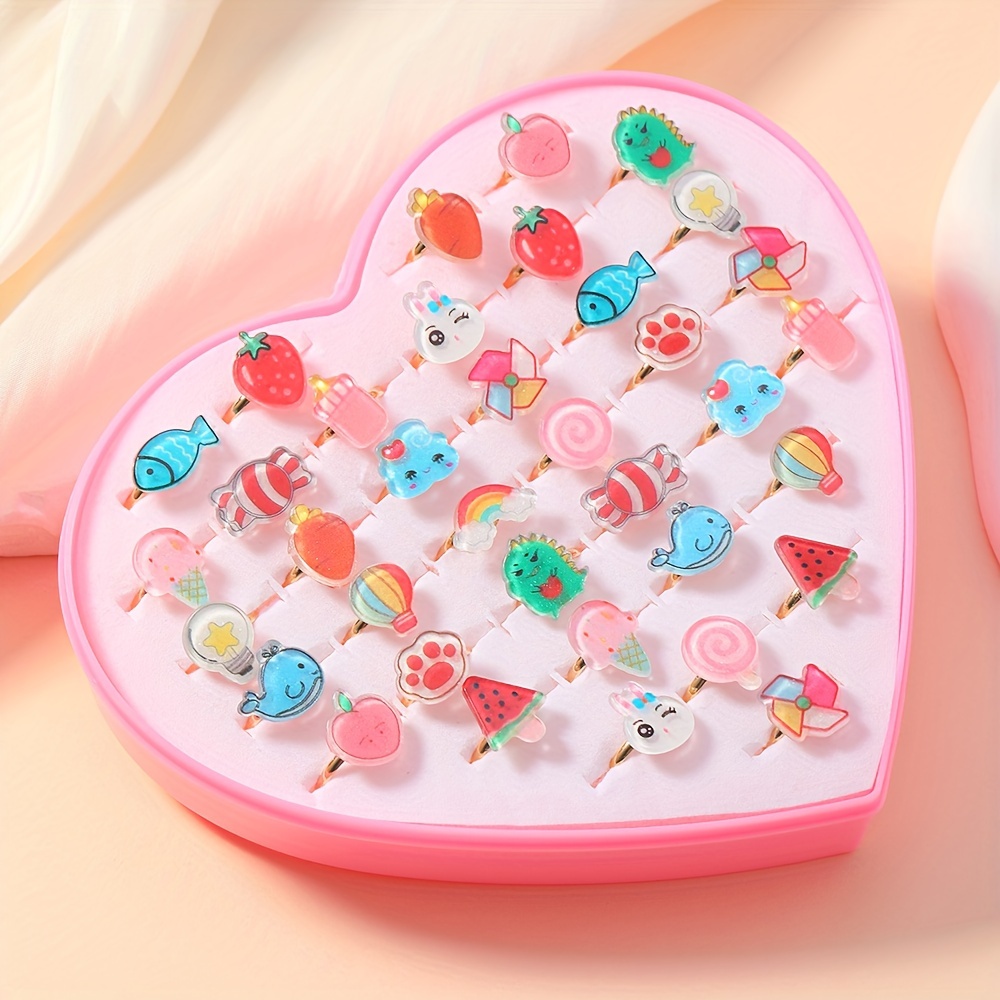 

36 Pieces Kids Acrylic Ring Set With Heart-shaped Box - Includes Animal, Fruit, Rainbow, And Candy Designs - Suitable For Ages 3-14 - Rose Gold Plated - Perfect For Parties And Birthdays