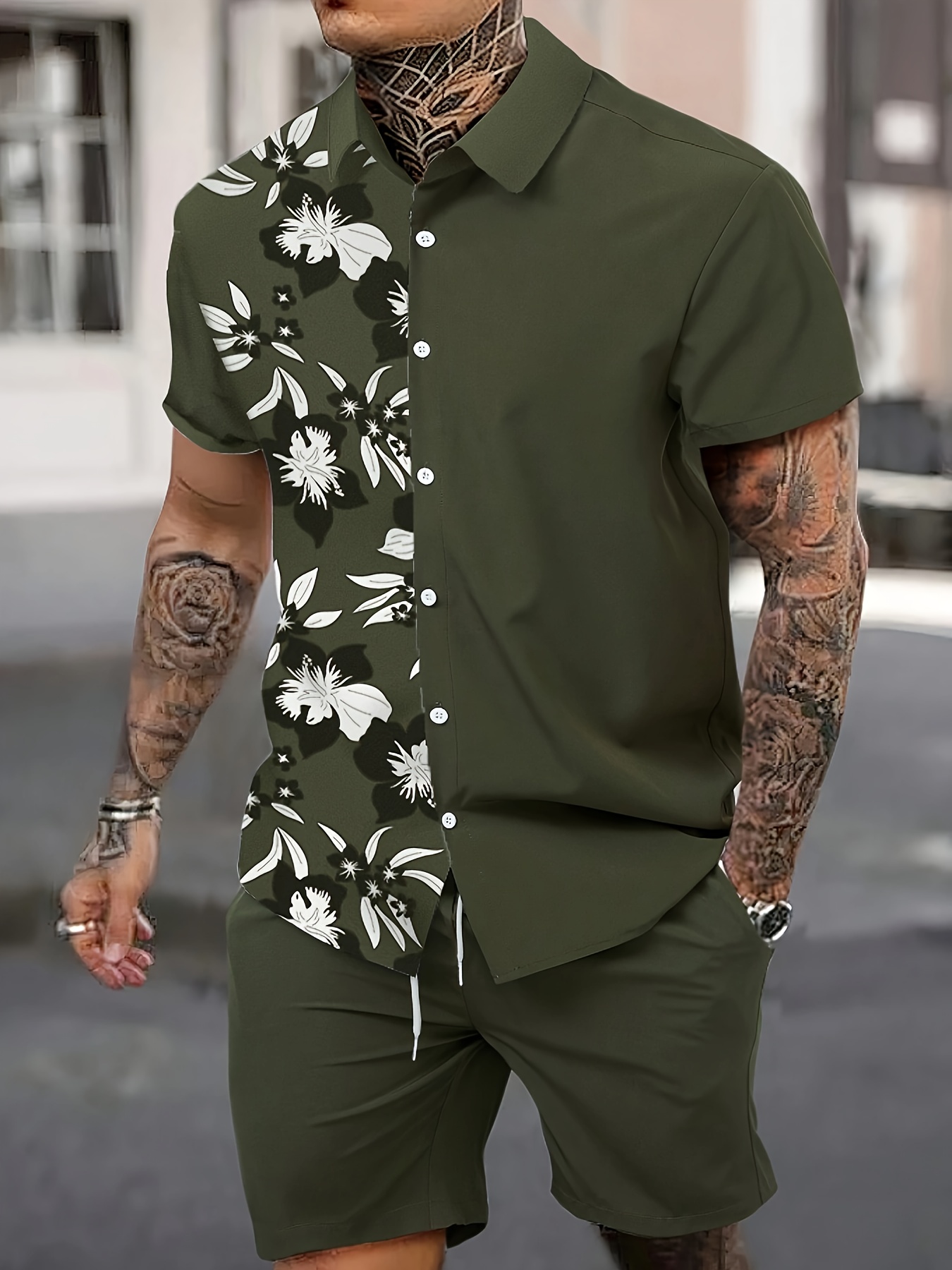mens summer beach shirt shorts set floral print breathable Temu
