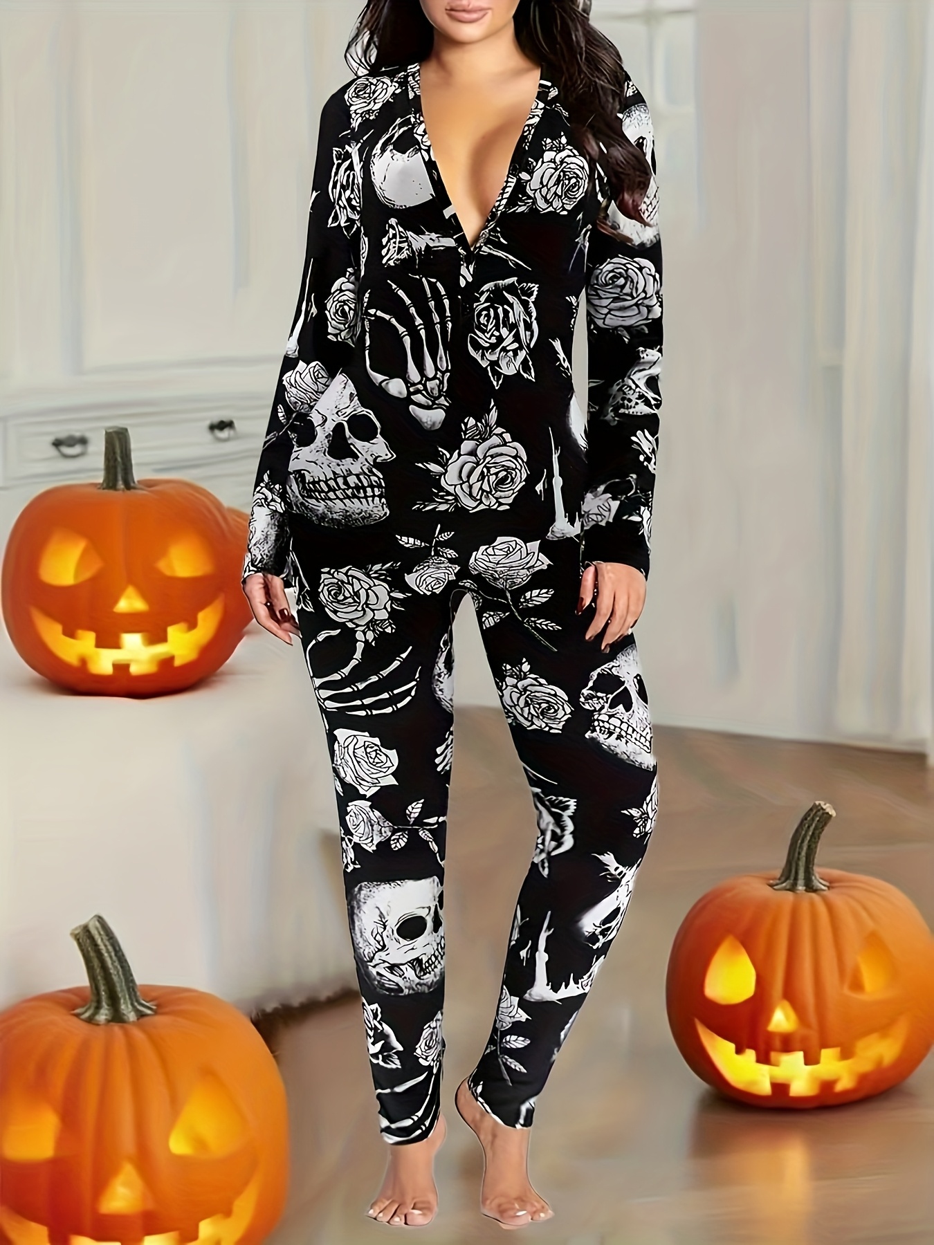 Women's Gothic One-Piece Jumpsuit Long Sleeve V-Neck Black White Skull  Rose Print Costume with Full-Length Pants, Stretchy Wear for H