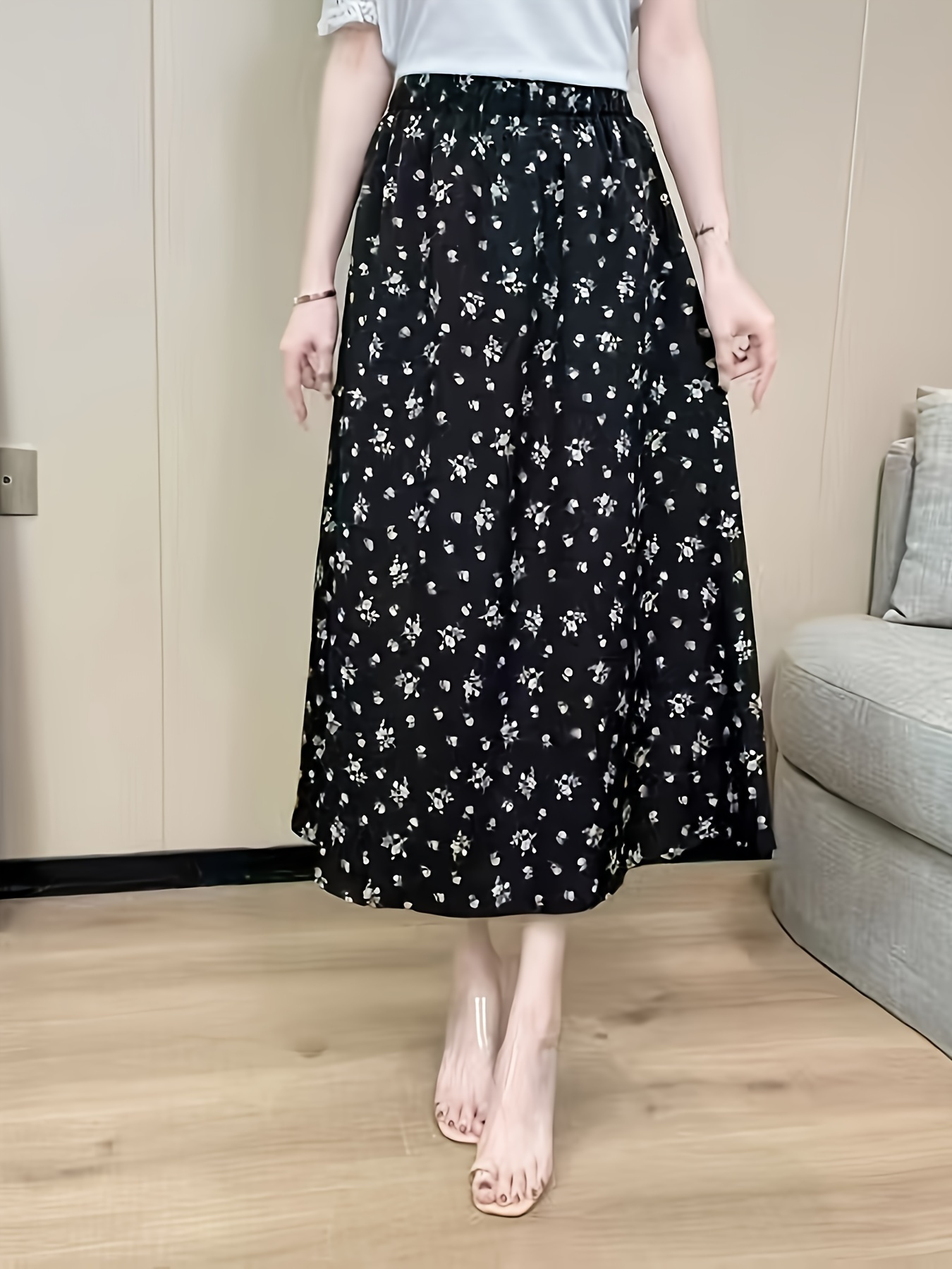 1pc elegant floral chiffon skirt women summer polyester midi Temu