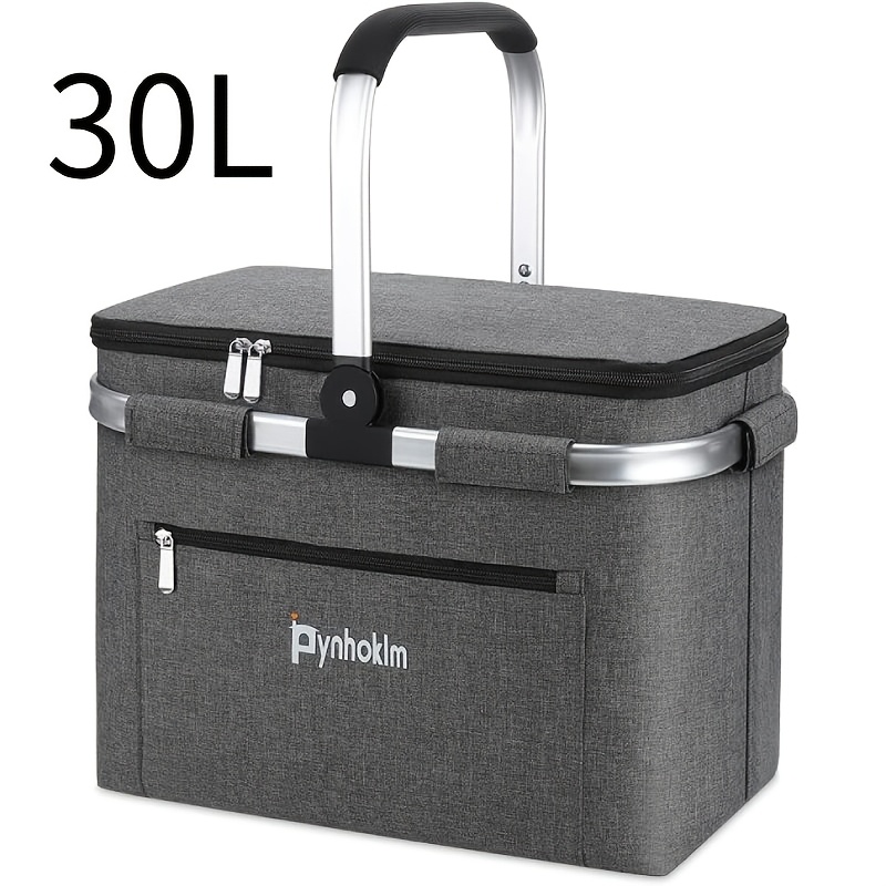 TEMU 30l Insulated Foldable Shopping Basket With Aluminum Frame, Sturdy Side Support Thermal Carry Basket With Lid, Reusable Thermal Basket For Daily