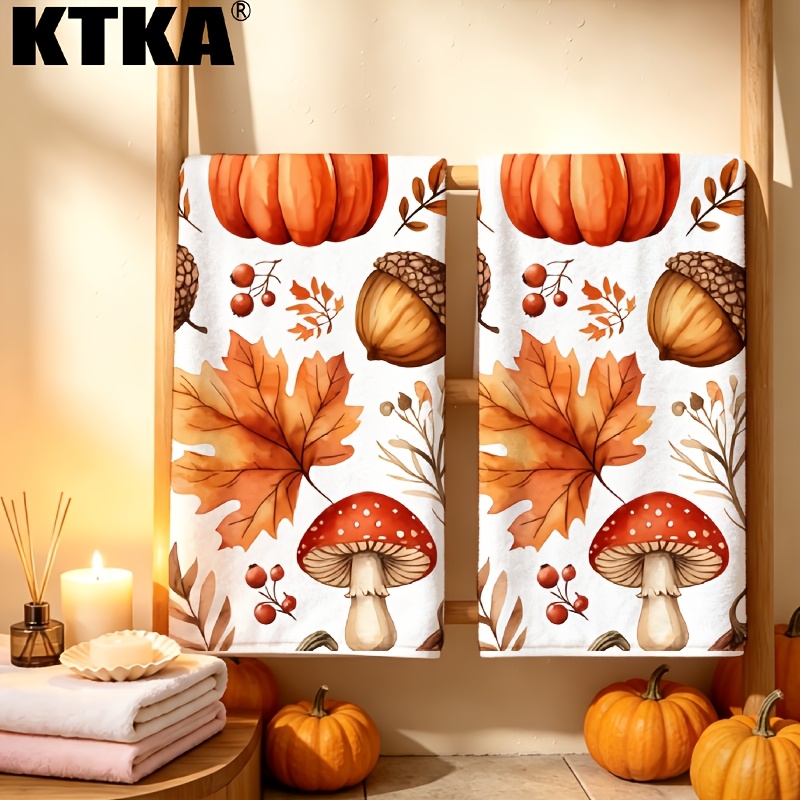 TEMU Cleaning Cloth 2pcs Kitchen Towels, Pumpkin Leaf Mushroom Berry Autumn Pattern Print Kitchen Towels, , Kitchen Towel, Absorbent Decorative Towel