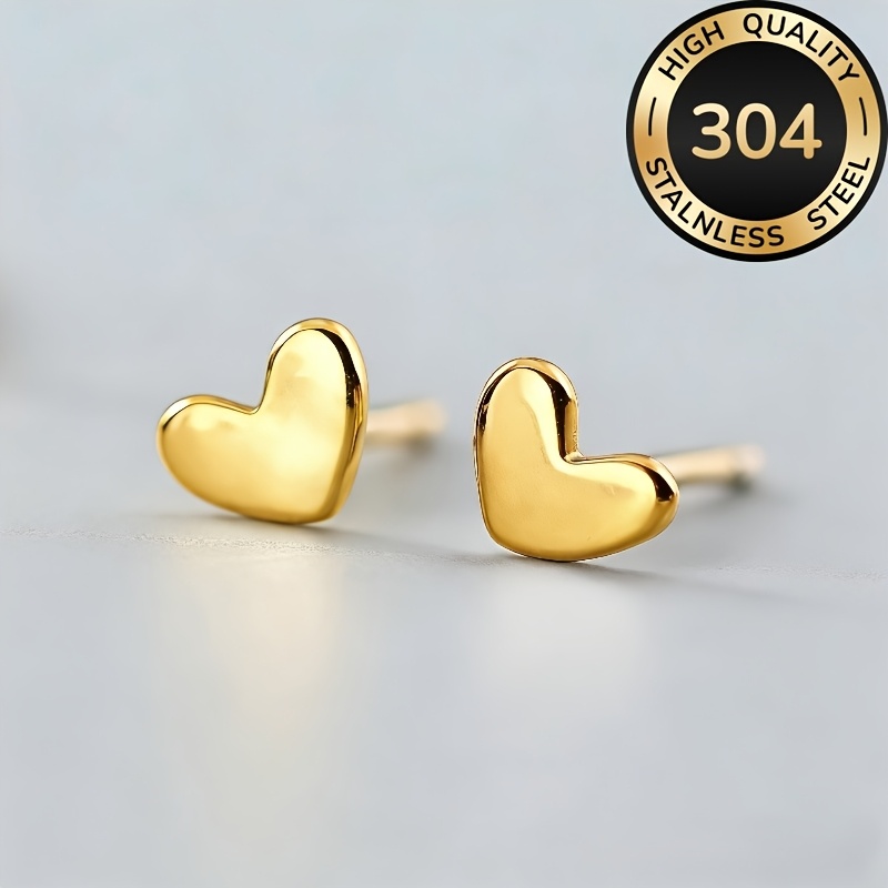 Image of 1 Pair Sweet Easy 18k Golden Plated Heart Shape Stud Earrings For Women Party Casual Daily Wear Trendy 304 Stainless Steel Jewelry Gift