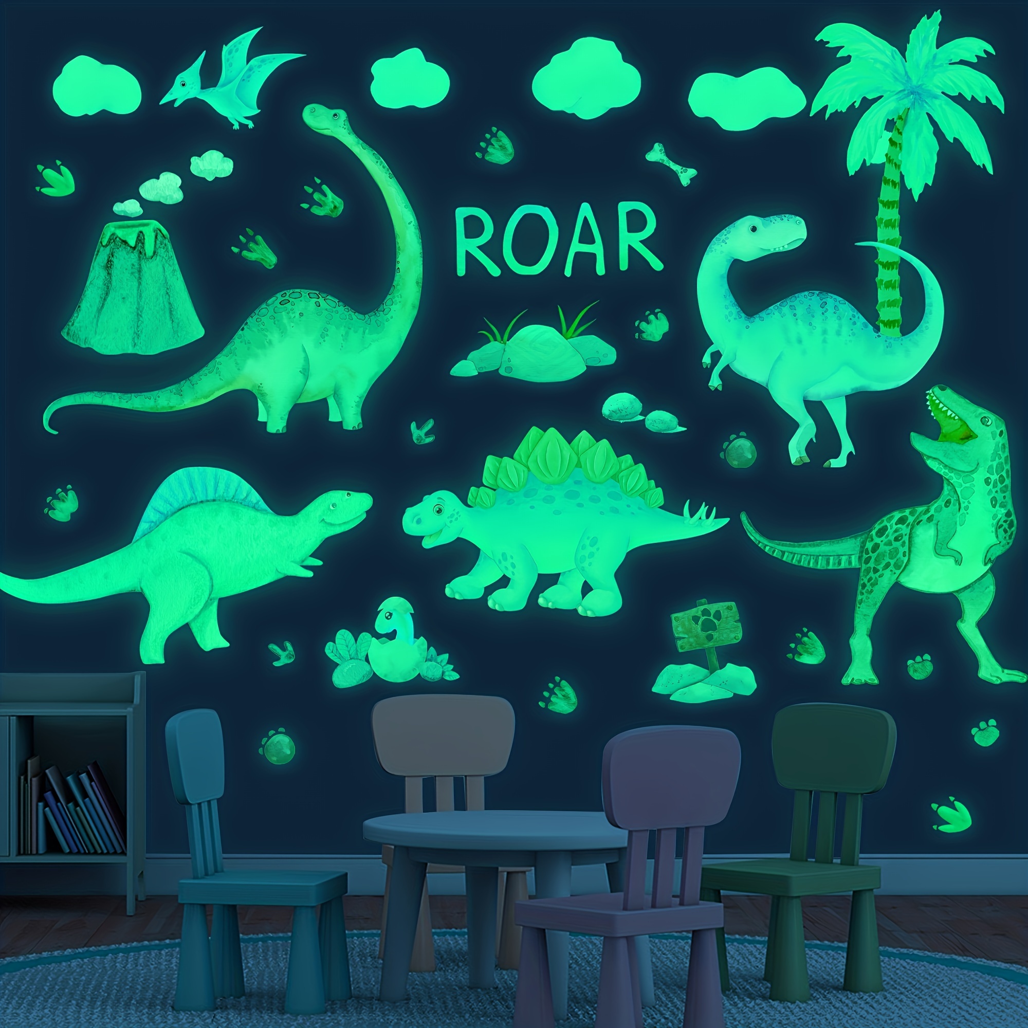 66pcs dinosaur animal themed luminous wall stickers sparkling stickers in the dark colored dinosaur coconut tree self   stickers suitable for decorating walls in   boys and girls bedrooms living rooms and kitchens