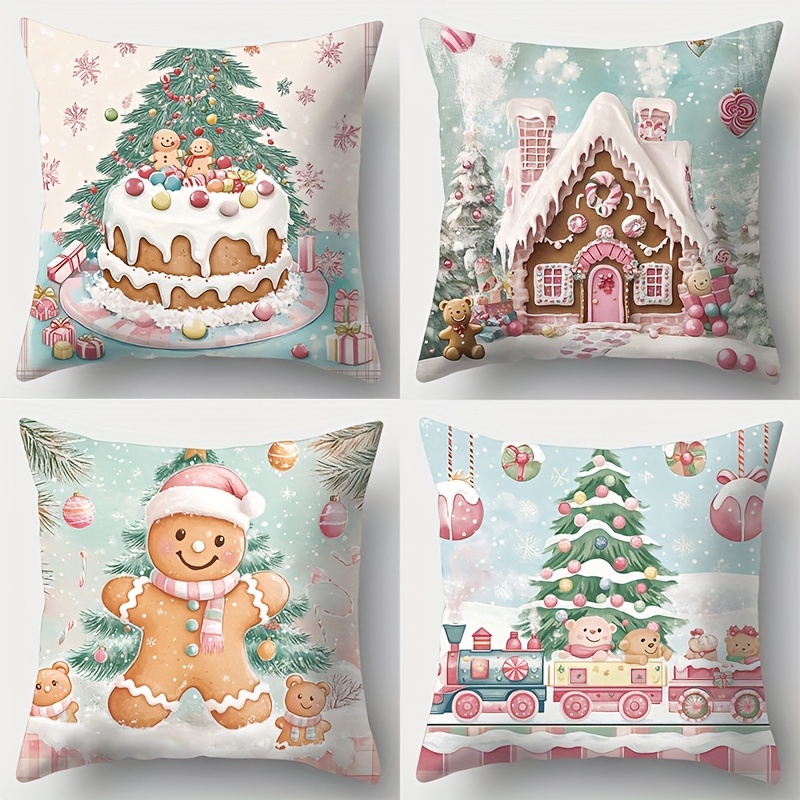 

4pcs, The Christmas Theme Incorporates Christmas , As Christmas Trees, Gingerbread Houses, Etc. Are Green And Pink. The Material Of Soft And Comfortable Fabric With Touch