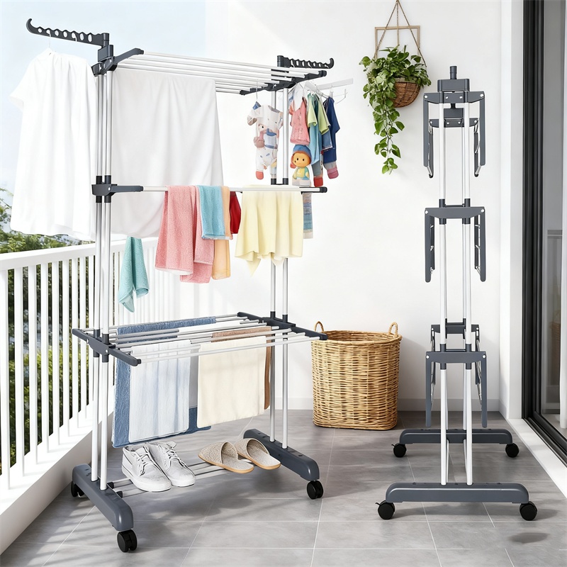 1pc Floor Standing Drying Rack, Movable Telescopic 3-layer Towel Rack, Multi-functional Household Balcony/ Outdoor Folding Drying Clothes Rackclothing(roller Type), Drying Racks