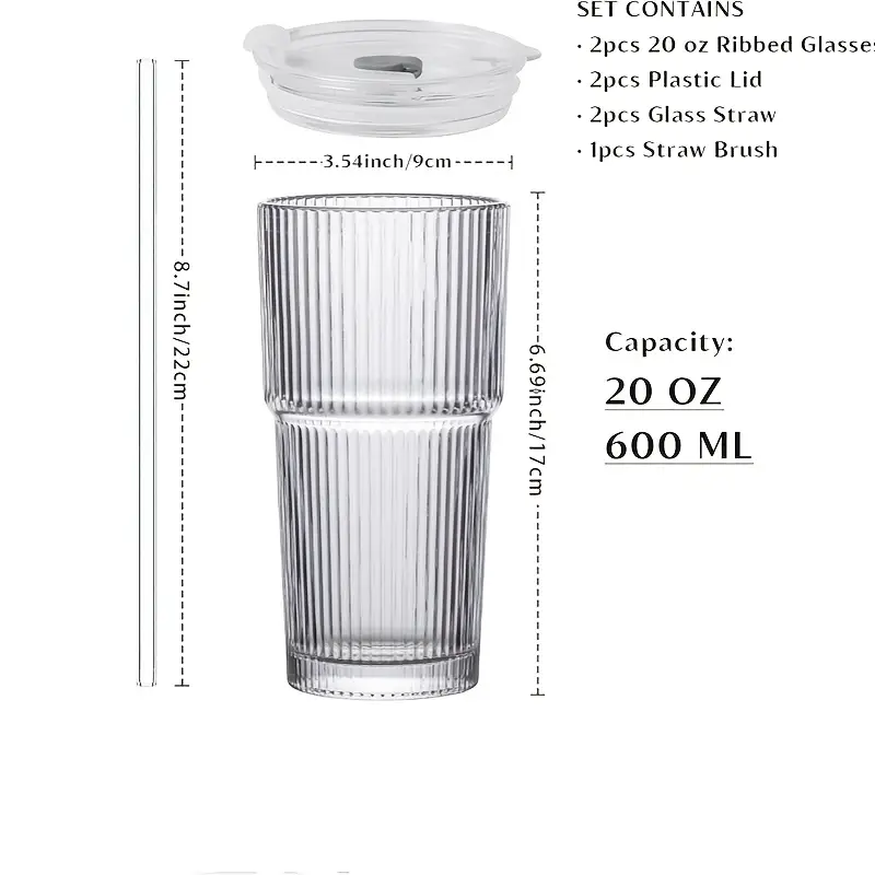 glassware set of 2 600ml 20oz ribbed glass barrel with lid and glass straw thickened glass iced coffee smoothies cocktails and juices elegant and durable beverage Product details 2
