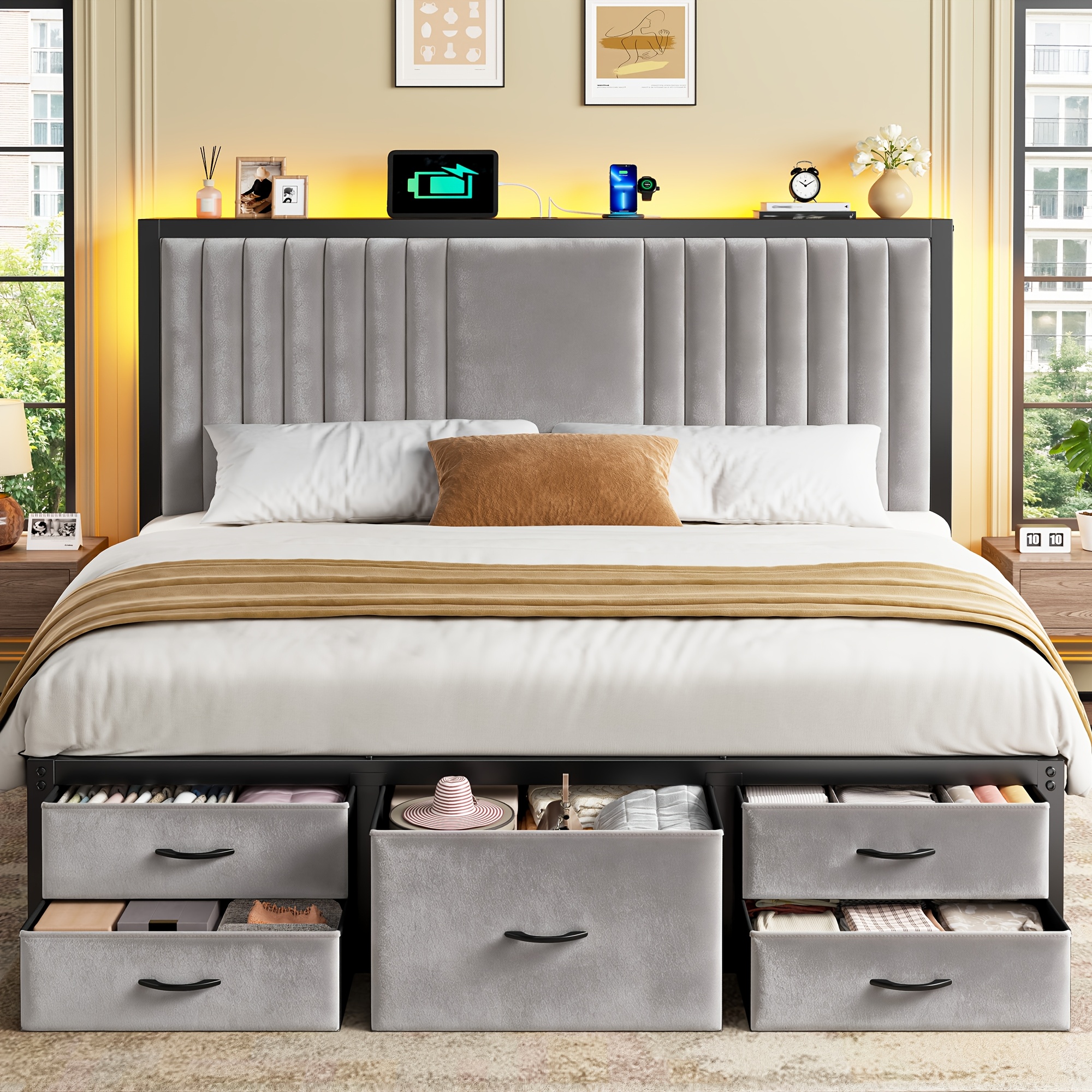 king queen full size velvet bed frame with 5 storage drawers and headboard storage space led lights charging station   easy to assemble twin size metal bed frame without drawers gray black