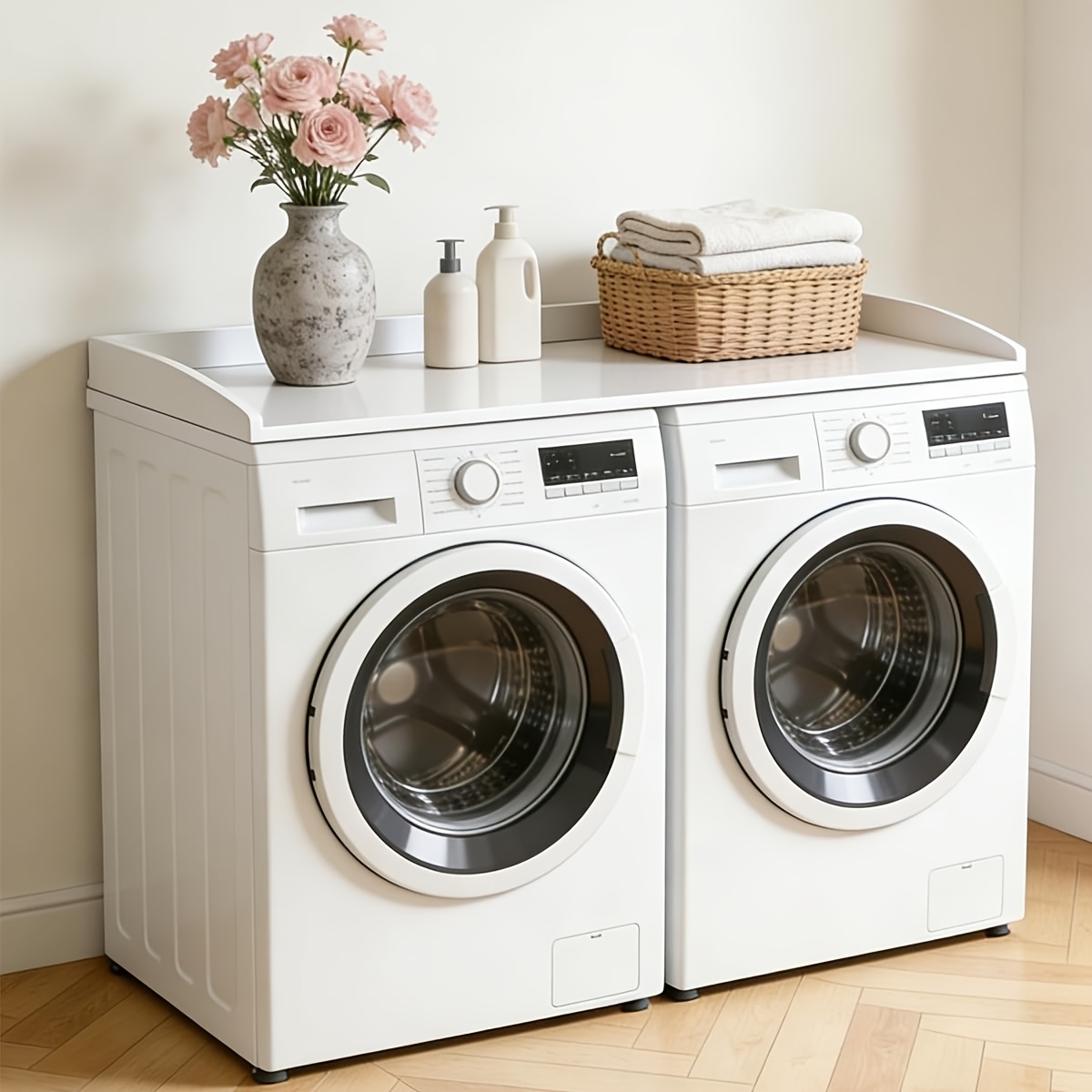 A Minimalist White Washing Machine Shelf With A Worktop, . -tier Storage Unit Features Raised Edges And Rounded Corners For Added Safety. Versatile, Easy To Clean And , And Install.