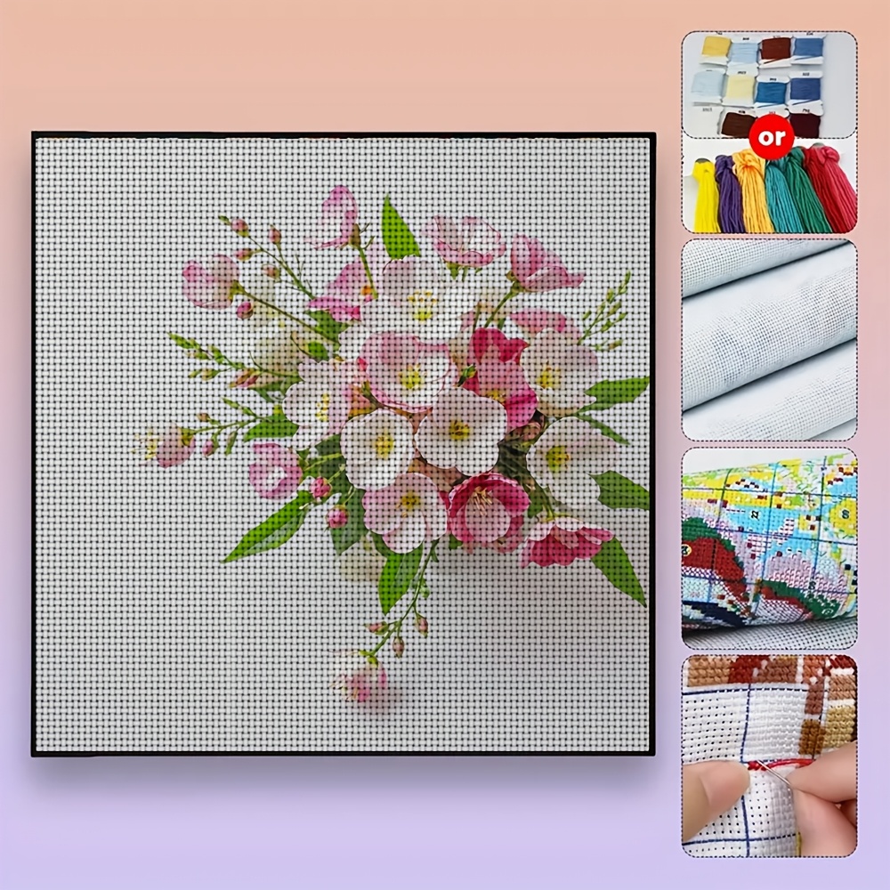 DIY Cross-Stitch Printed Kit, Pink and White Flower Bouquet Pattern