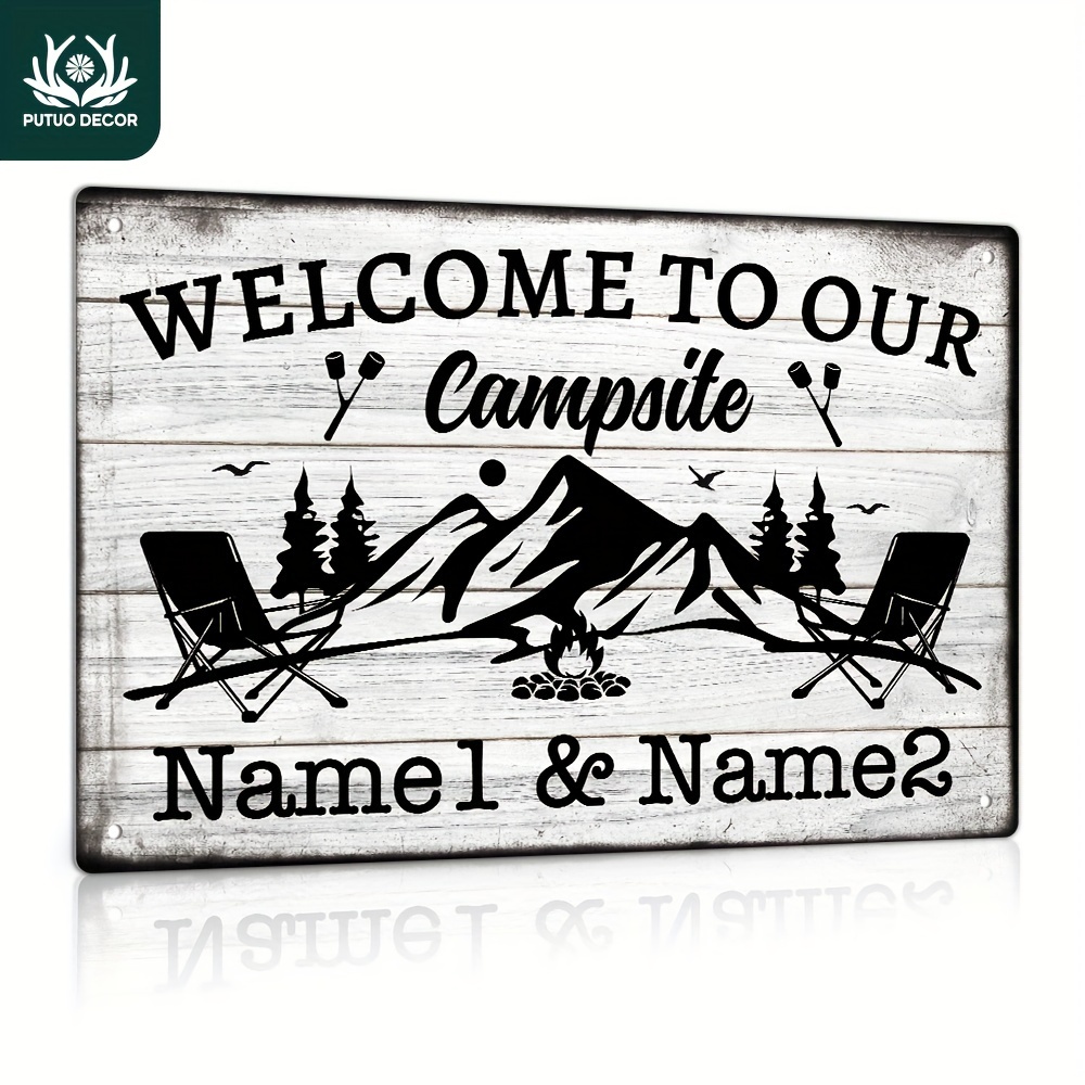 

Custom Campsite Welcome Sign - Personalized Metal Tin Plaque With Names, Vintage Wall Art For Home, Farmhouse, Campground Decor - Perfect Gift For Family & Friends Camper Decorations