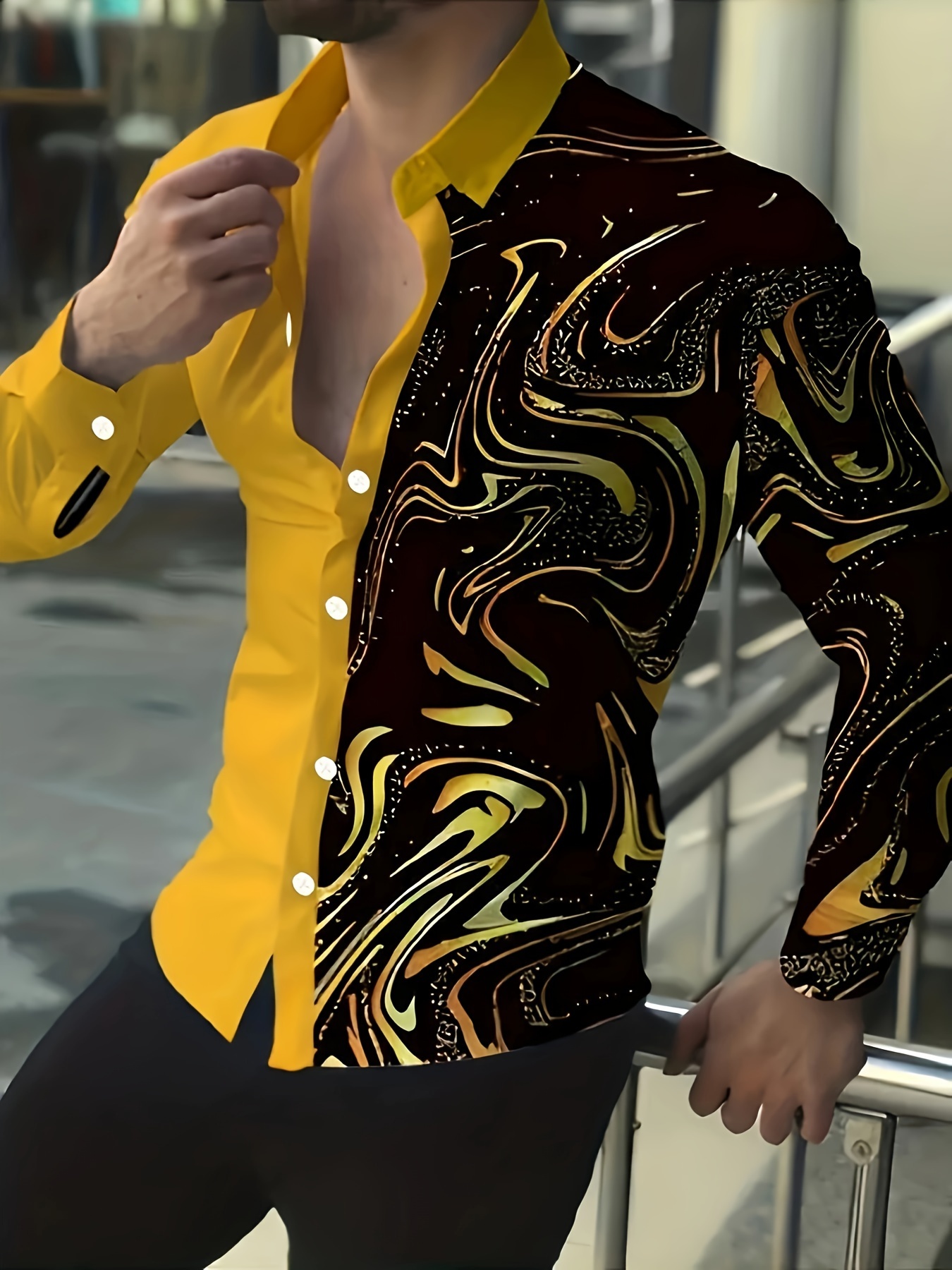 lace mermaid dress black Hisdern Men's Black Gold Splicing Dress Shirt For Office Wear L main image 1