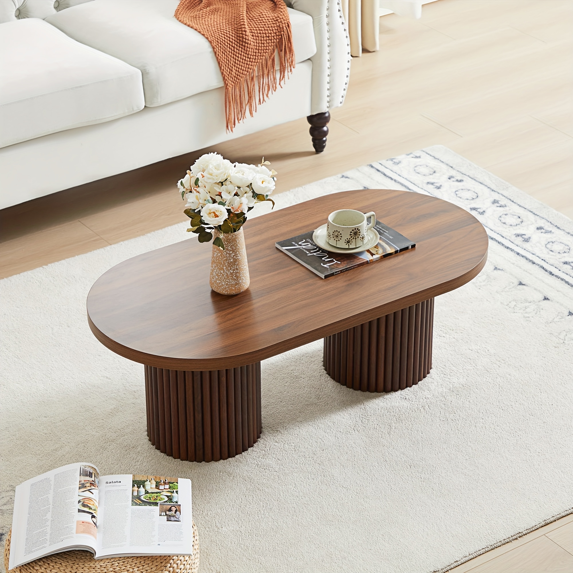 ORRD Mid-Century Modern Oval Coffee Table - Fluted Legs Accent