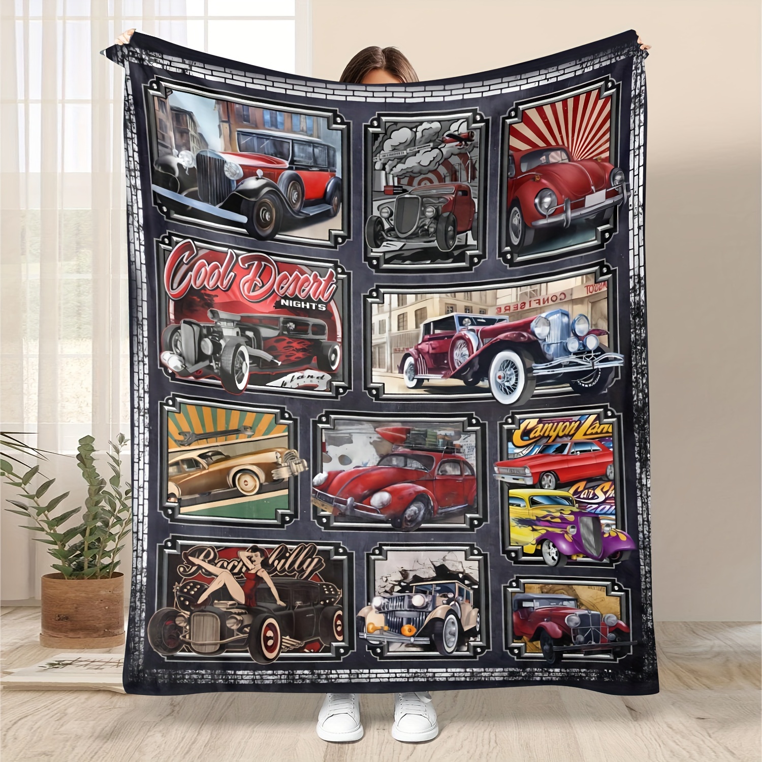 

1pc Stitching Vintage Classic Car Pattern Blanket Soft Flannel Sofa Blanket Warm Cozy Nap Throw Blanket For Bed Sofa Couch