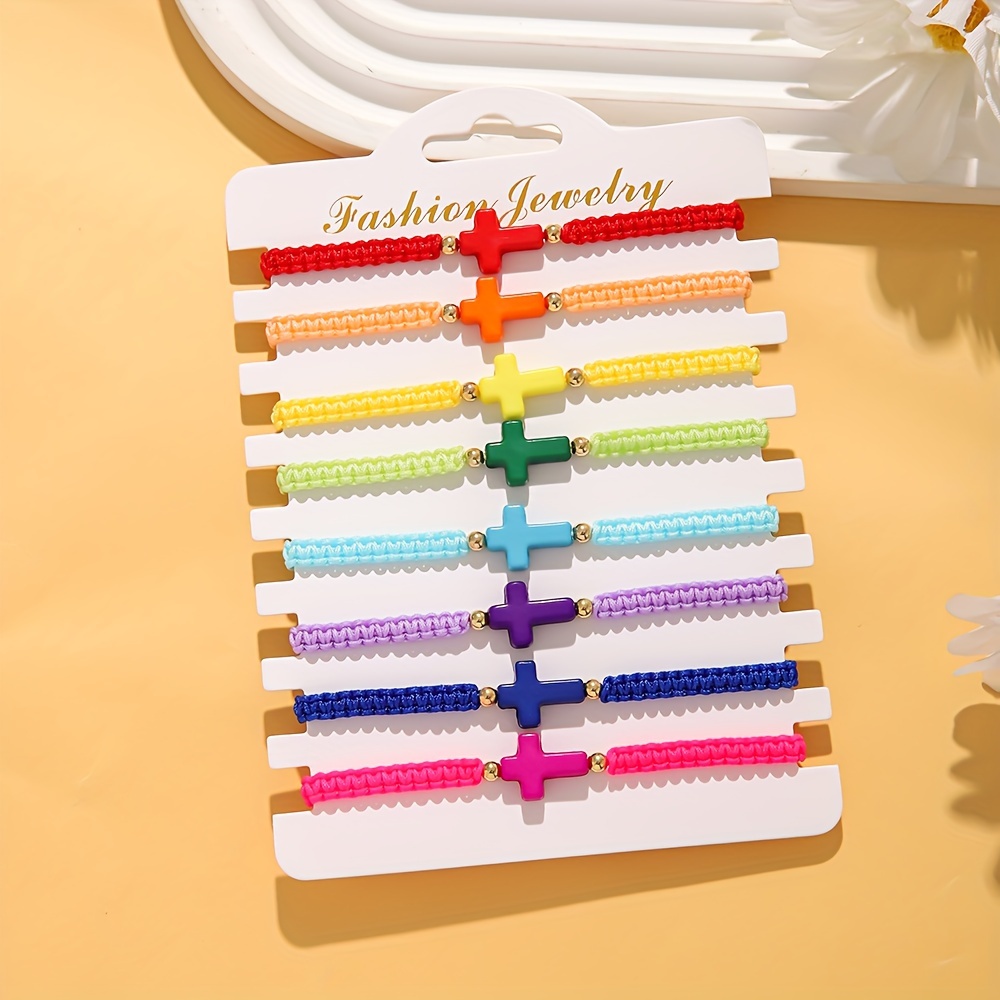 Image of 8pcs Bohemian Colorful Cross Hand-woven Bracelet Set For Daily Wear Waterproof Wax Thread Adjustable Length