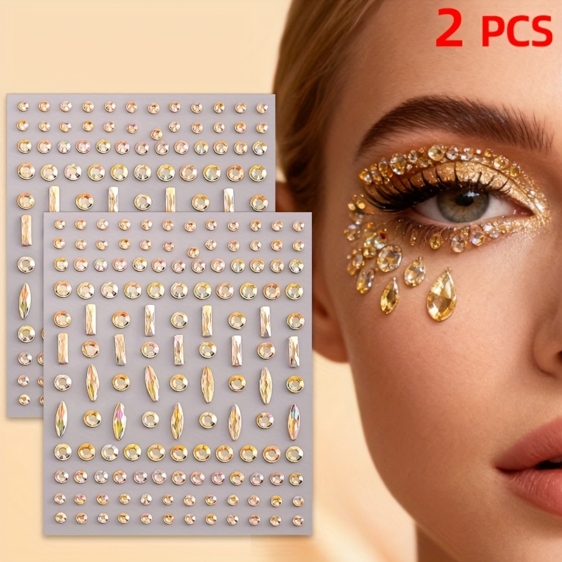 TEMU 1/2 pièces Autocollants Strass 3D Visage, Strass Doré Yeux Décoration Maquillage Éclatant pour Fête, Accessoires Flash Durables Y2K Noël