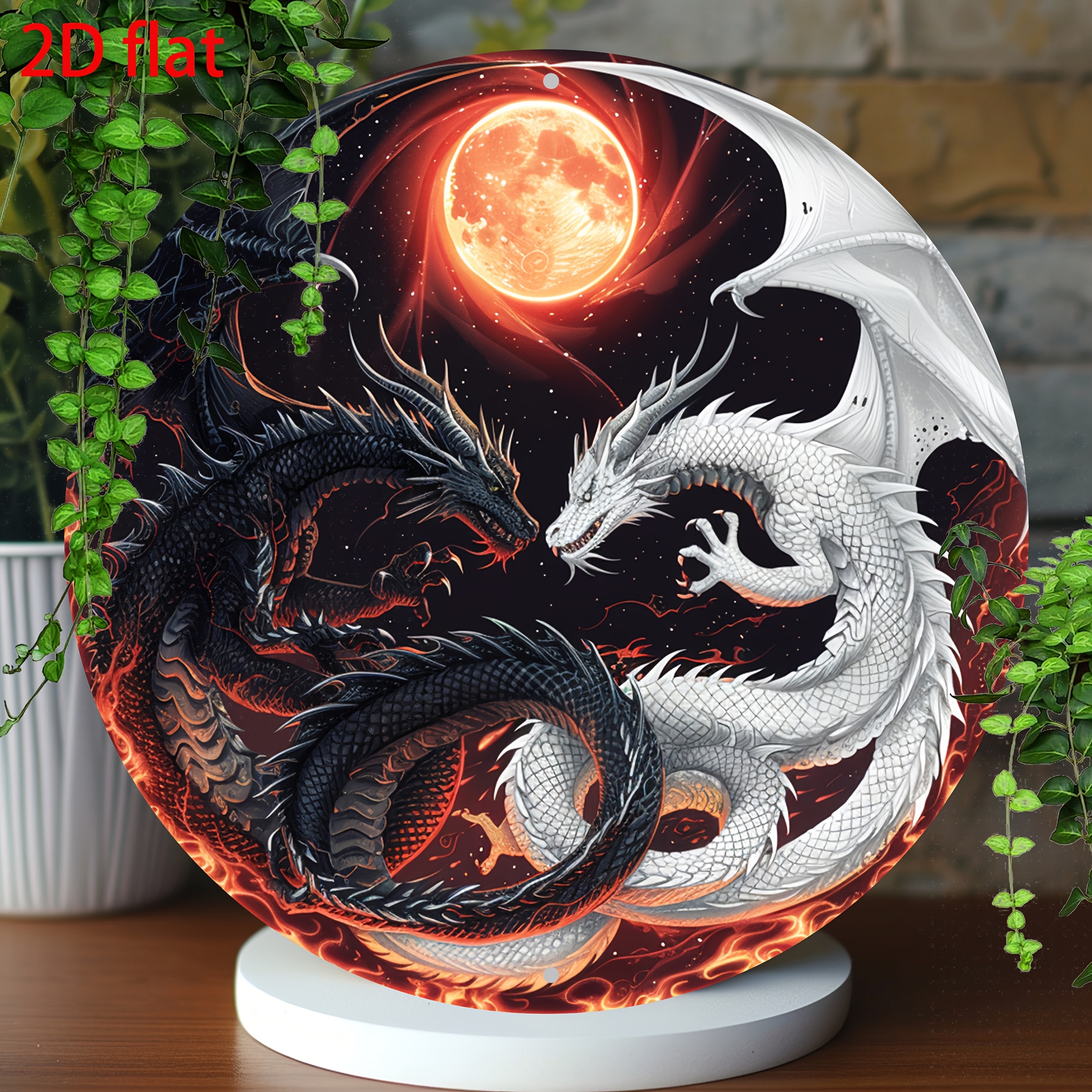TEMU 2d Flat - A Single Retro Round Aluminum Wall Art Piece Featuring A Double Dragon Design, Measuring 8x8 Inches. It Comes In Red And And Black,